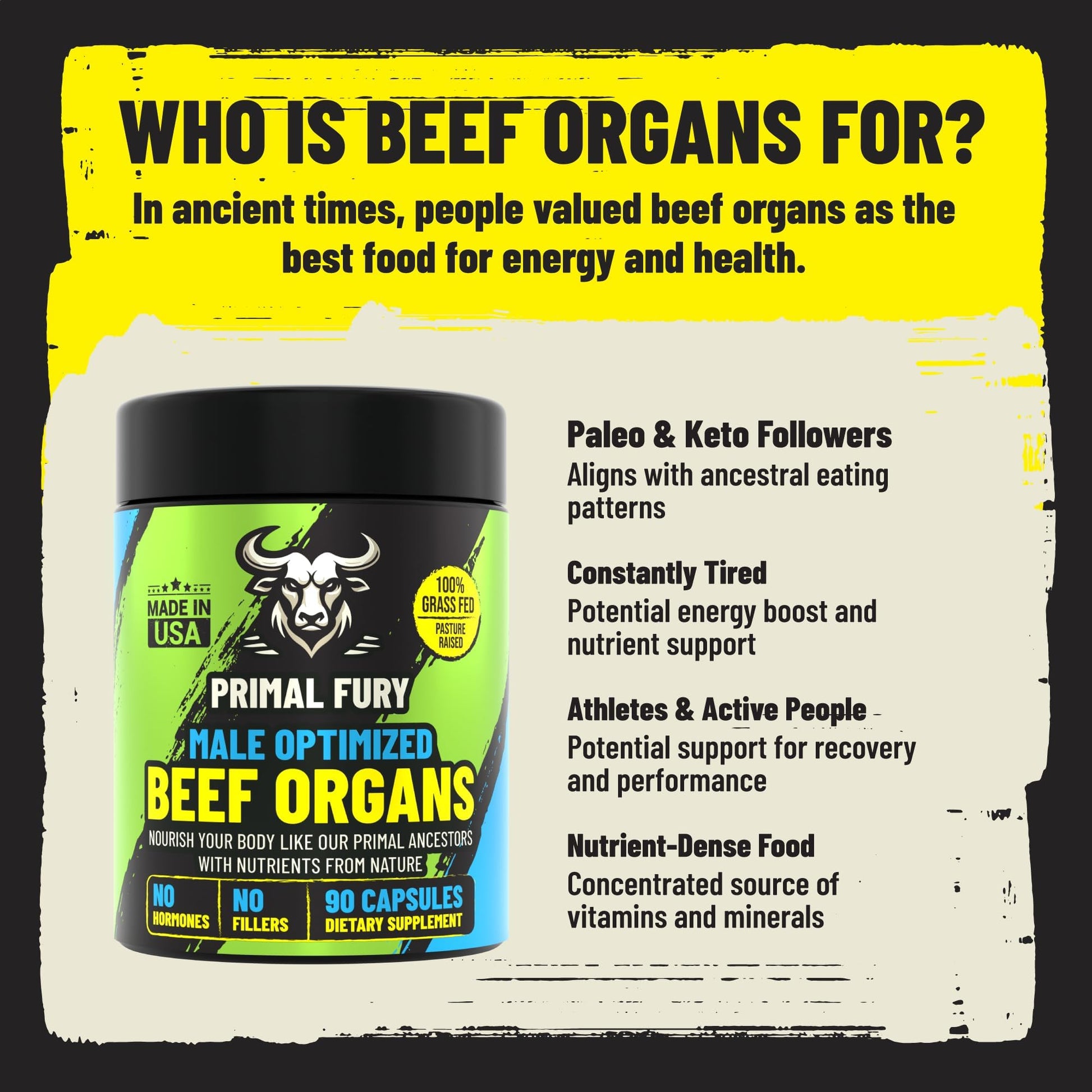 Grass Fed Beef Organ Supplement for Men - Male Optimization Pills - 6 Vital Beef Organs to Drive Prostate Health & Peak Performance, Made in USA, 90 Capsules (2 Pack) PRIMAL FURY uk supplements