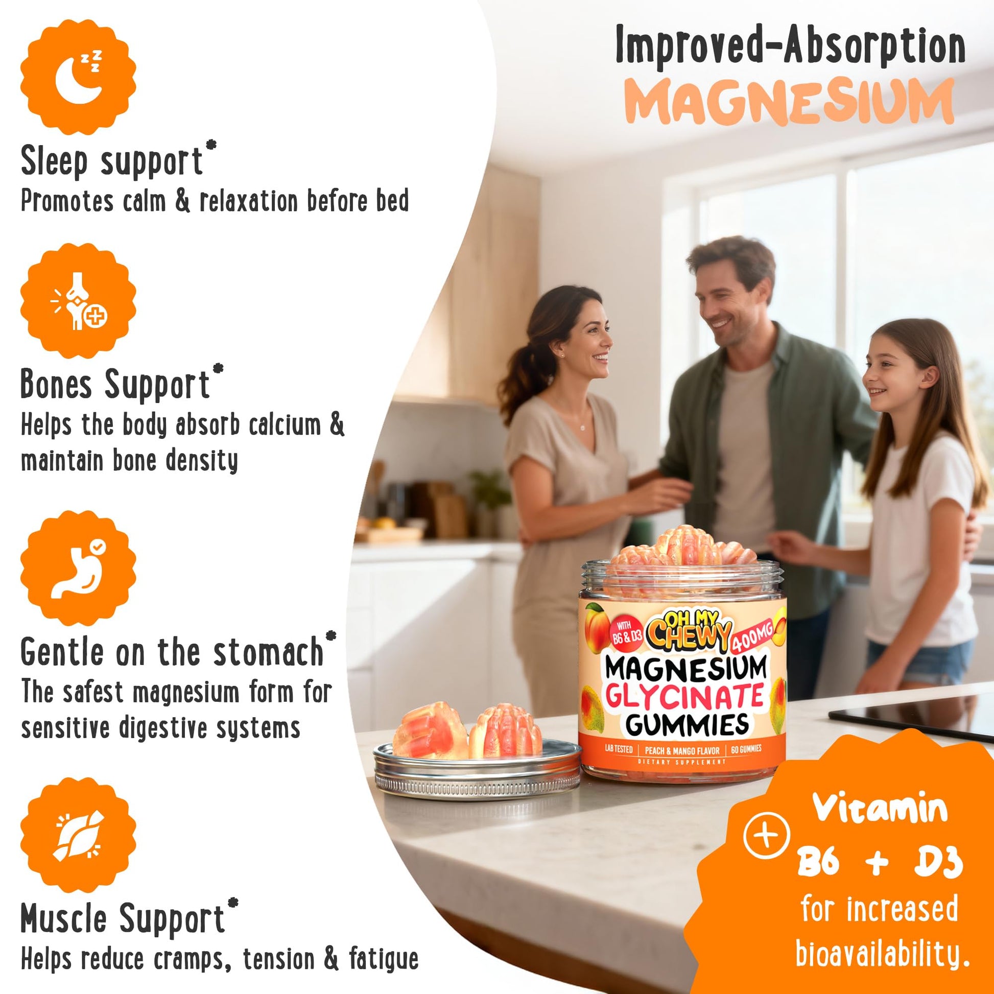 Center-Filled Magnesium Glycinate Gummies 400MG - High Absorption for Kids, Teens & Adults - Supplement for Sleep, Calm & Muscle Relaxation with B6 & D3 - Gluten Free & Vegan Friendly - 60 Count OH MY CHEWY uk supplements