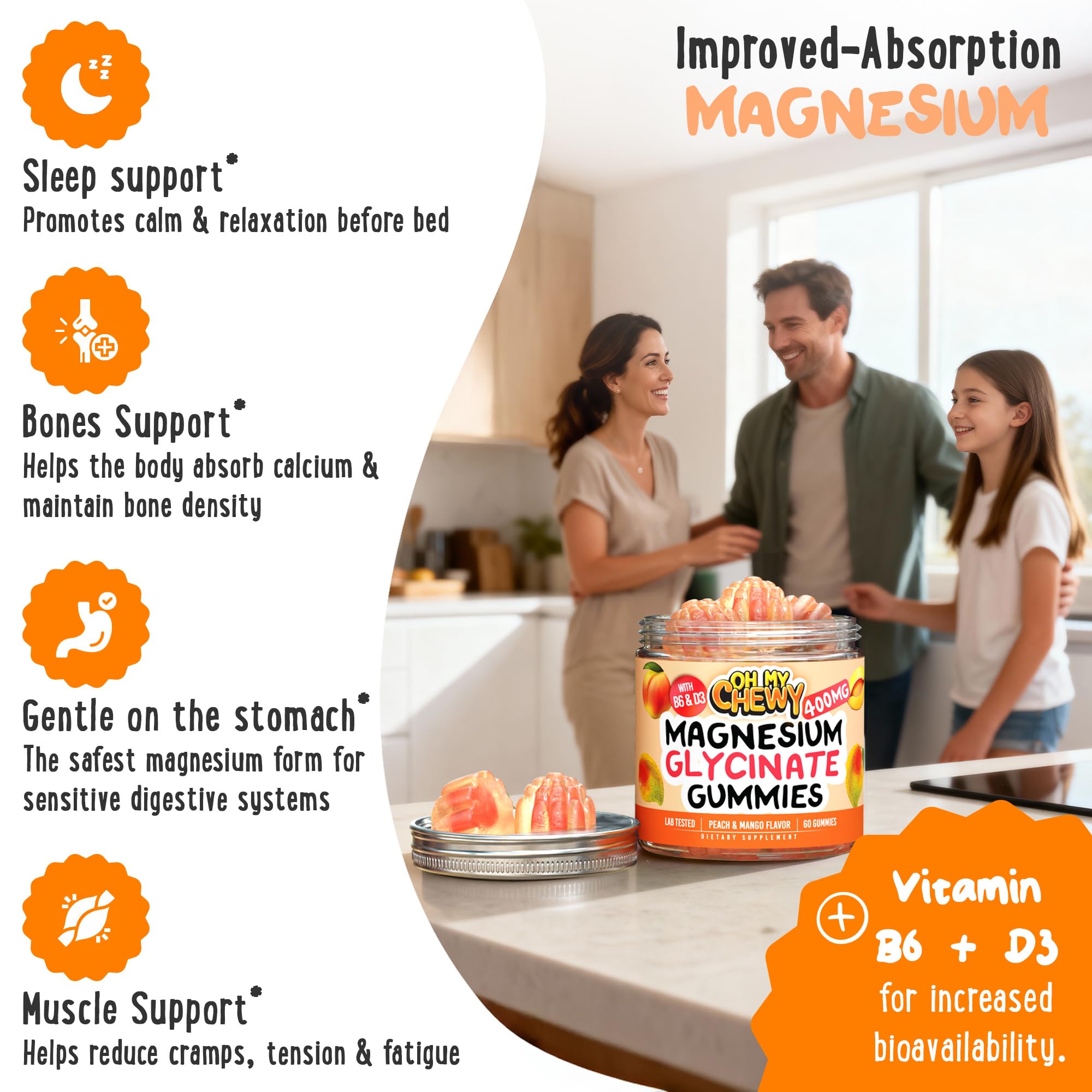 Center-Filled Magnesium Glycinate Gummies 400MG - High Absorption for Kids, Teens & Adults - Supplement for Sleep, Calm & Muscle Relaxation with B6 & D3 - Gluten Free & Vegan Friendly - 60 Count OH MY CHEWY uk supplements