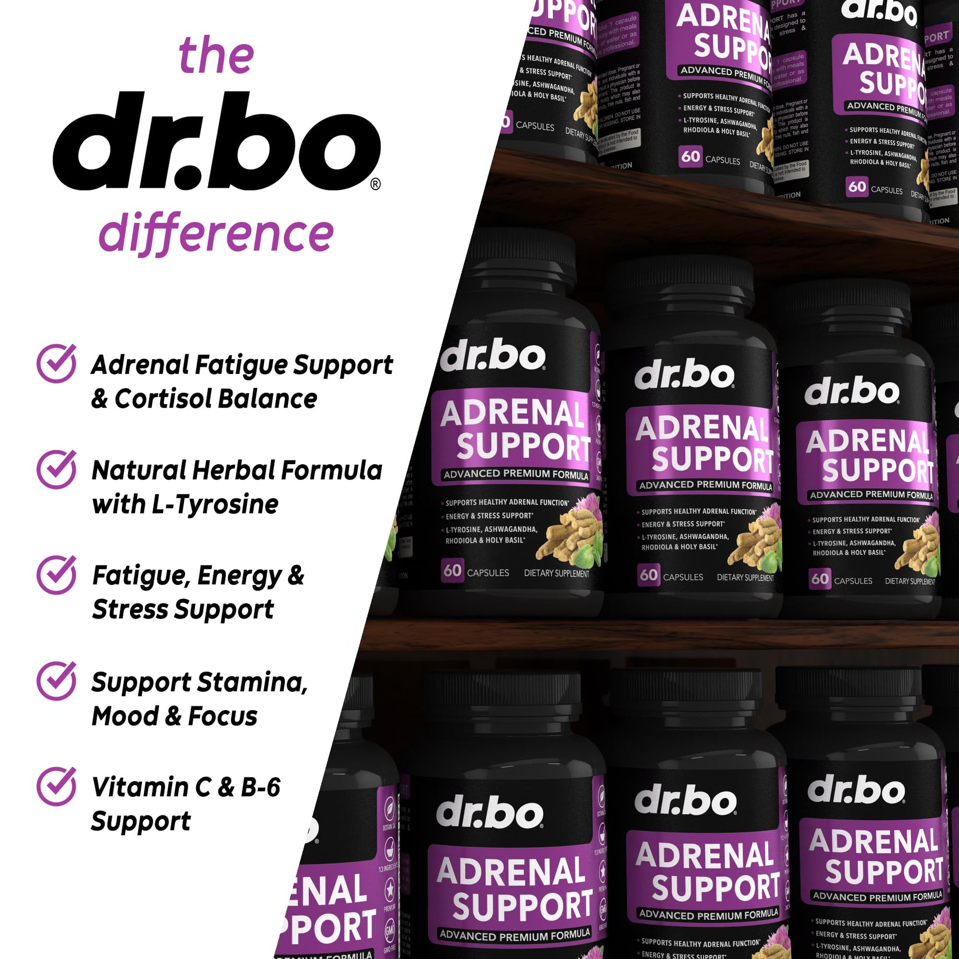 Adrenal Support Cortisol Manager Supplement - Adrenal Fatigue Supplements for Women & Men with Natural Adaptogen Ashwagandha Holy Basil Rhodiola L Tyrosine Complex Fatigue Cortisol Health - 60 Pills DR. BO uk supplements