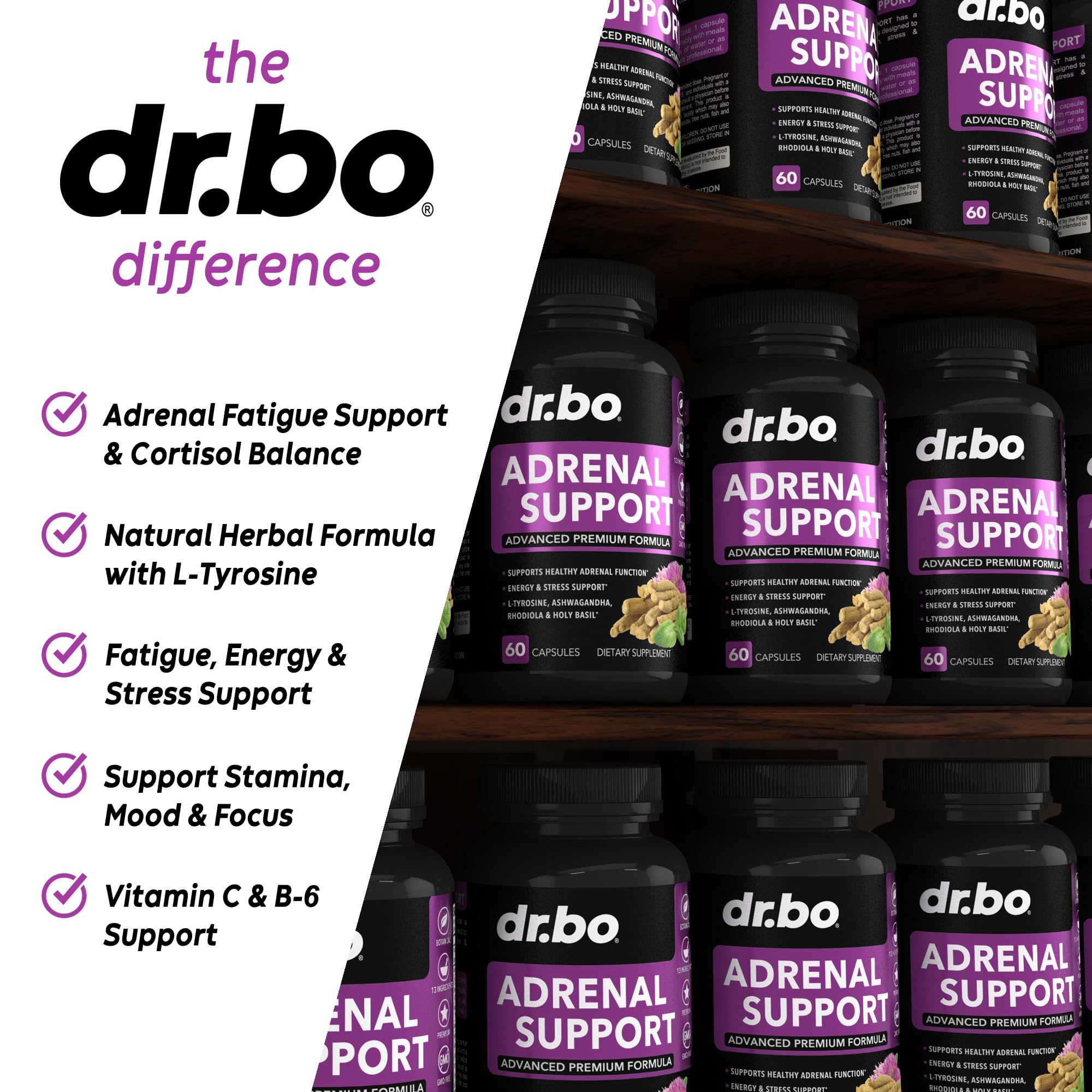 Adrenal Support Cortisol Manager Supplement - Adrenal Fatigue Supplements for Women & Men with Natural Adaptogen Ashwagandha Holy Basil Rhodiola L Tyrosine Complex Fatigue Cortisol Health - 60 Pills DR. BO uk supplements