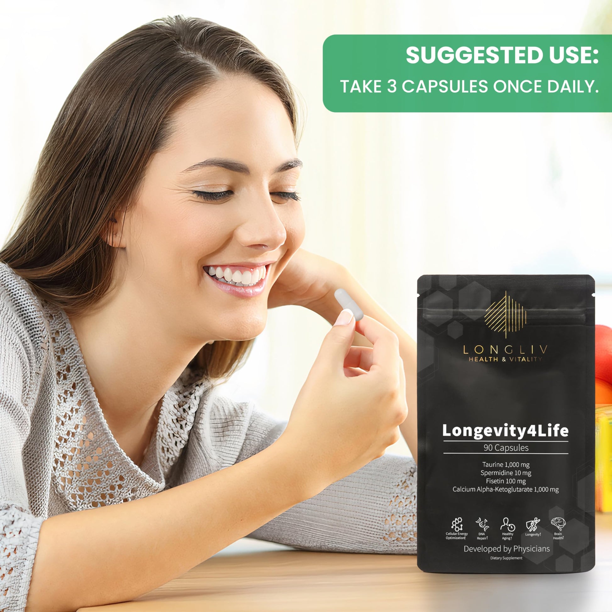 Longevity4Life - Ultimate Cellular Health Supplement - Fisetin, Taurine, Calcium Alpha-Ketoglutarate, and Spermidine Capsules for Longevity and Vitality - Made in USA - Physician Formulated LongLiv Health and Vitality uk supplements