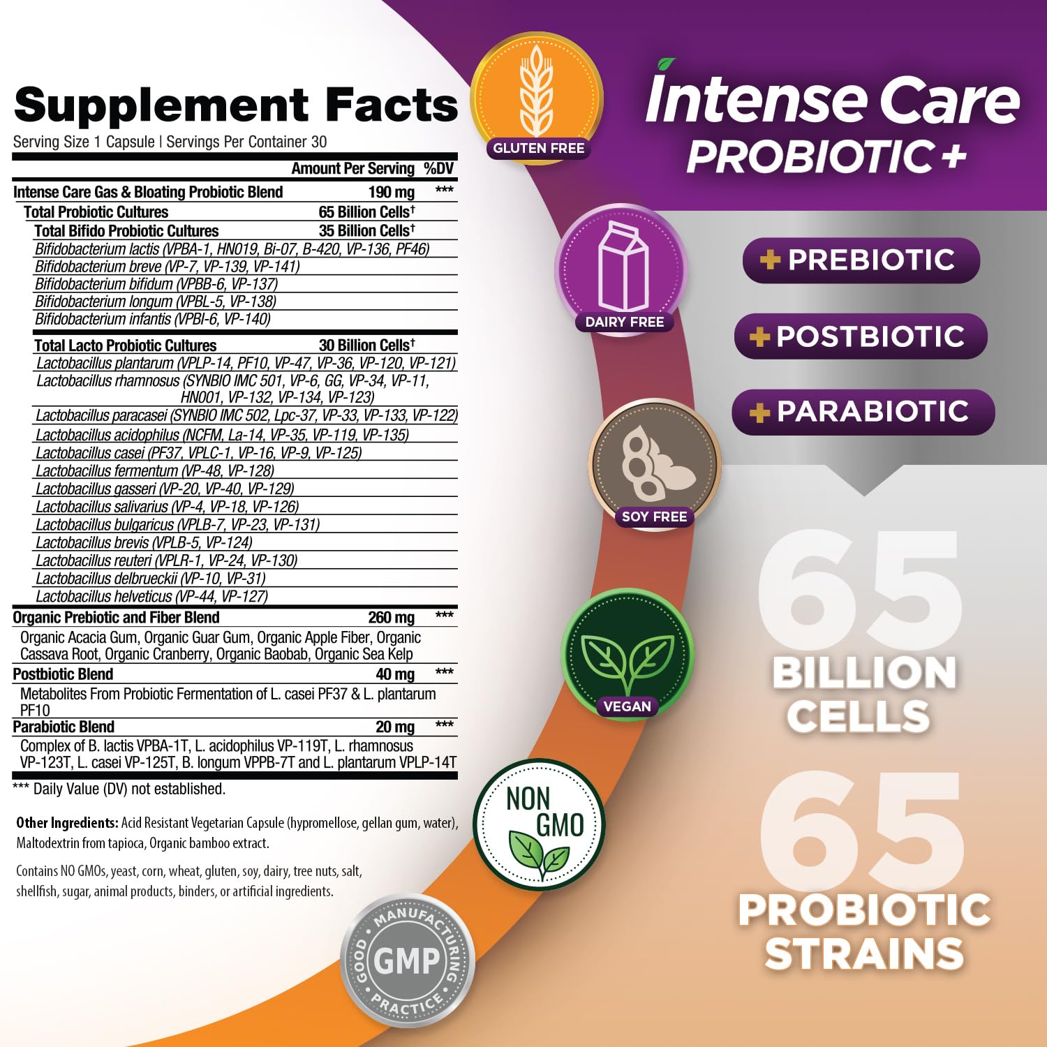 Vital Planet - Intense Care Gas & Bloating Probiotics Plus Organic Prebiotics, Postbiotics, Parabiotics, Complete 4-in-1 Supplement for Adults, 65 Billion CFU, 65 Strains, Digestive and Immune 30 ct Vital Planet uk supplements