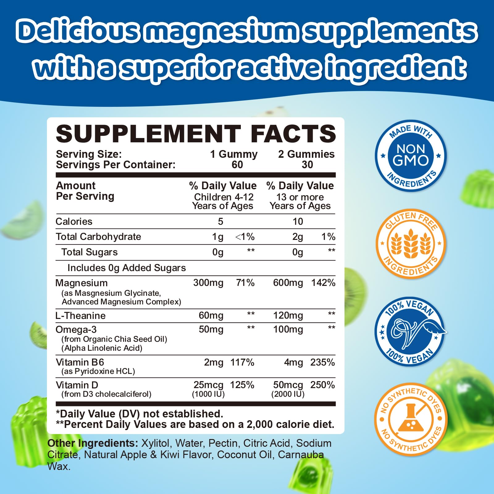 Center-Filled Magnesium Gummies for Kids 300MG - Magnesium Glycinate Gummies with L-theanine, Omega-3, Vitamin B6, D for Kids & Adults, Supplement for Sleep, Calm & Muscle Relaxation - Apple & Kiwi CNCHEF uk supplements