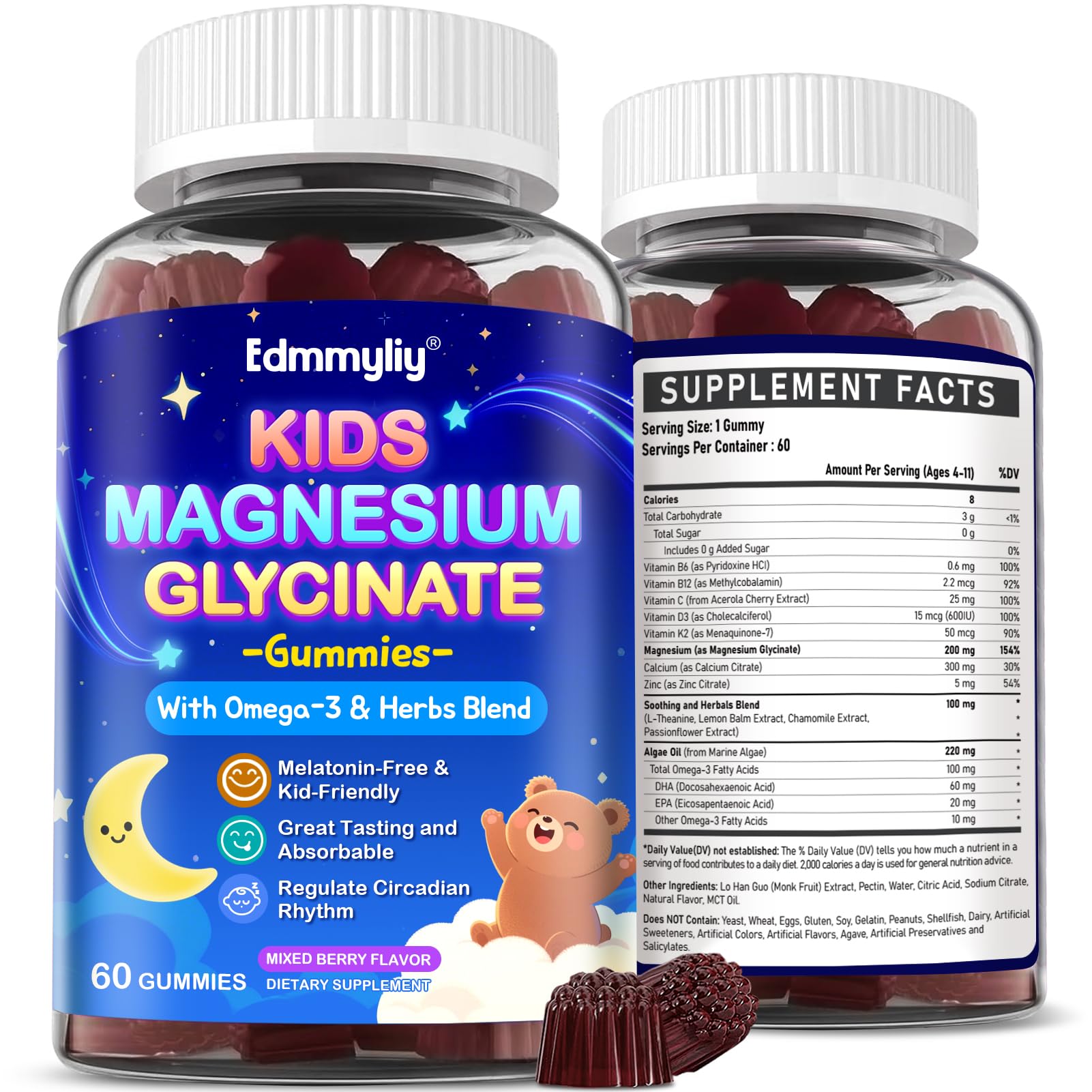 Kids Magnesium Glycinate Gummies - Magnesium Glycinate Supplement 200mg with L-theanine Omega-3 Calcium Vitamin D3 & B12 for Kids Natural Zzz at Bedtime & Overall Health - Sugar Free & Non-GMO Edmmyliy uk supplements