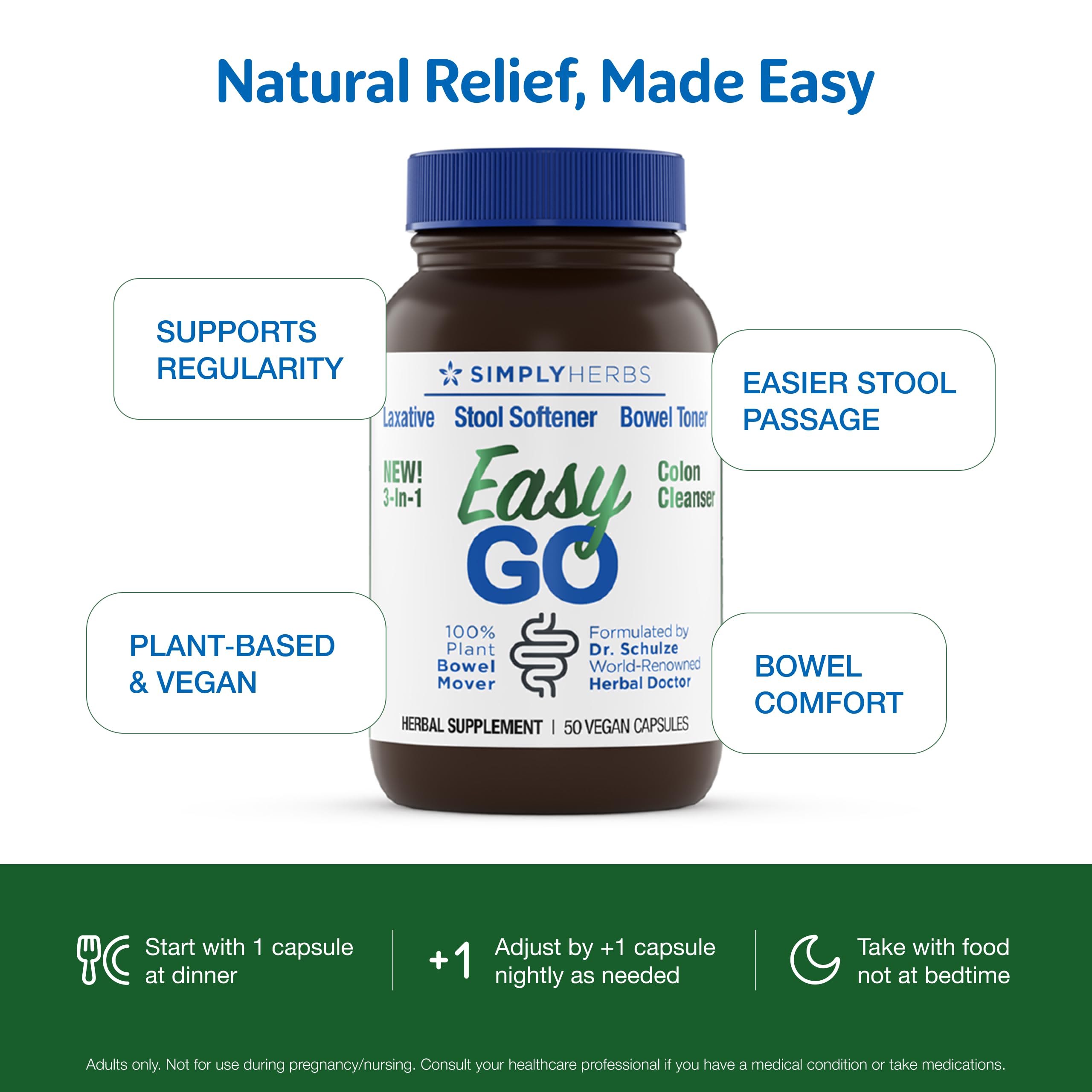 Simply Herbs Easy Go Bowel Mover - Adult Cleansing Supplement for Colon Health Support - Bowel Movement Aid - Stool Softener - Daily-Use Laxative - Plant-Based Ingredients - Vegan - 100 Count (2 Pack) Dr. Schulze's uk supplements