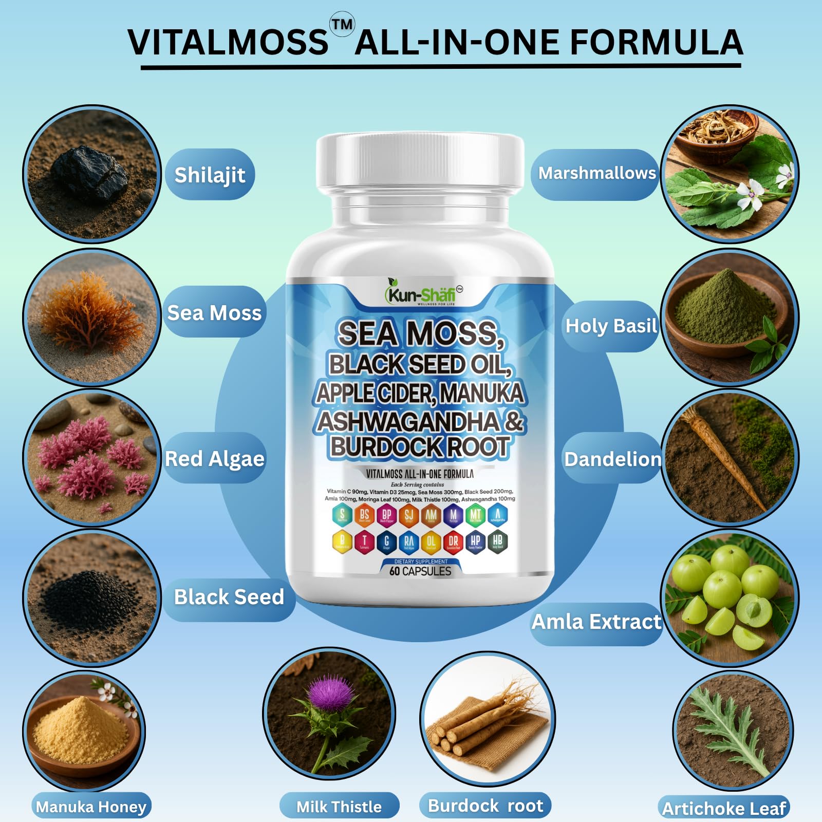 Kun Shafi Sea Moss Complex – with Black Seed Oil, Shilajit, Amla, Moringa, Turmeric, Ashwagandha & Burdock – Enriched with Vitamin C, D3, Chlorophyll, Manuka & Ginger – 60 Capsules Kun Shafi uk supplements