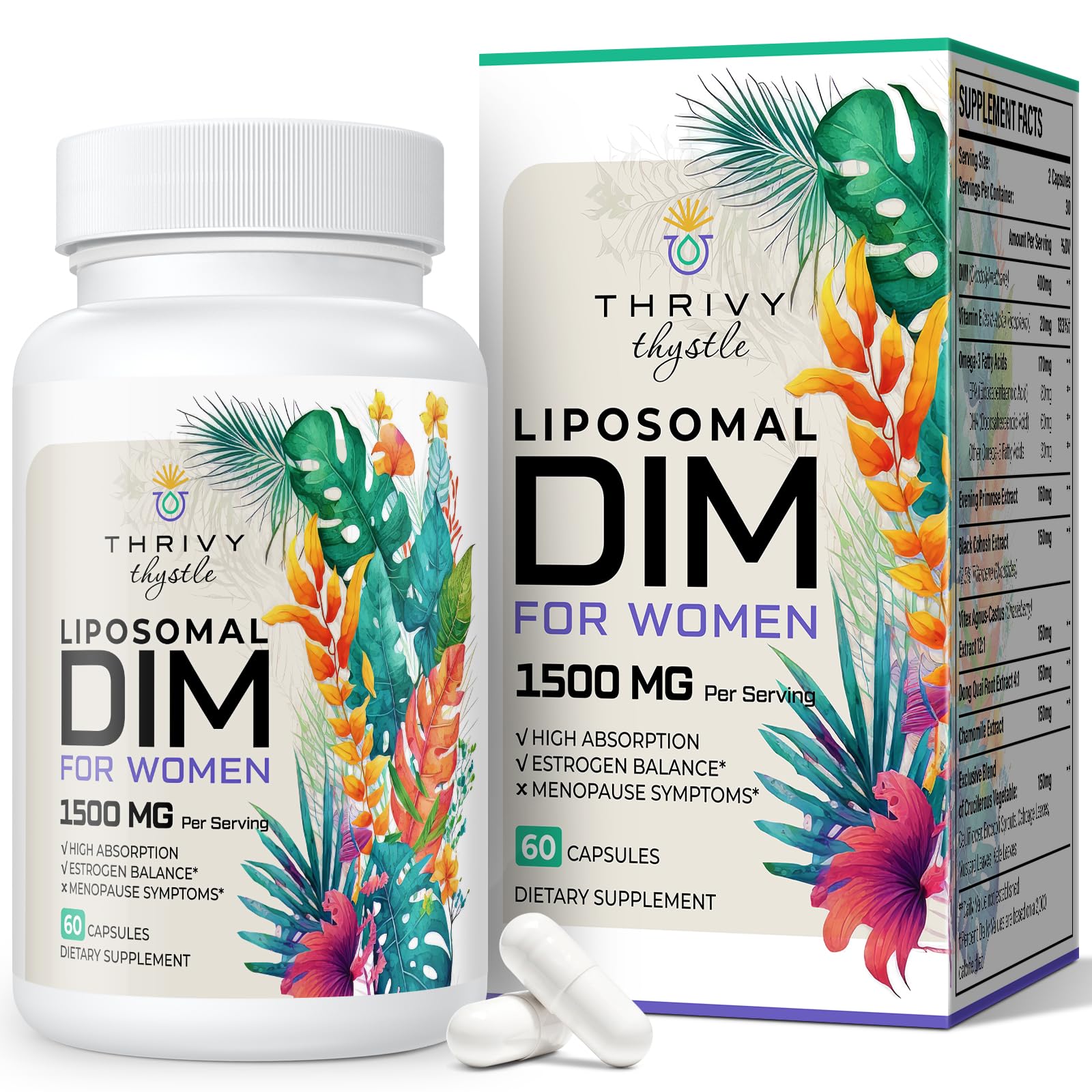 ThrivyThystle Liposomal DIM 400 mg - Hormone Balance, Estrogen Support for Women, DIM Supplement with Vitamin E, Evening Primrose, Black Cohosh, Omega-3 Fatty Acids (60 Capsules) ThrivyThystle uk supplements