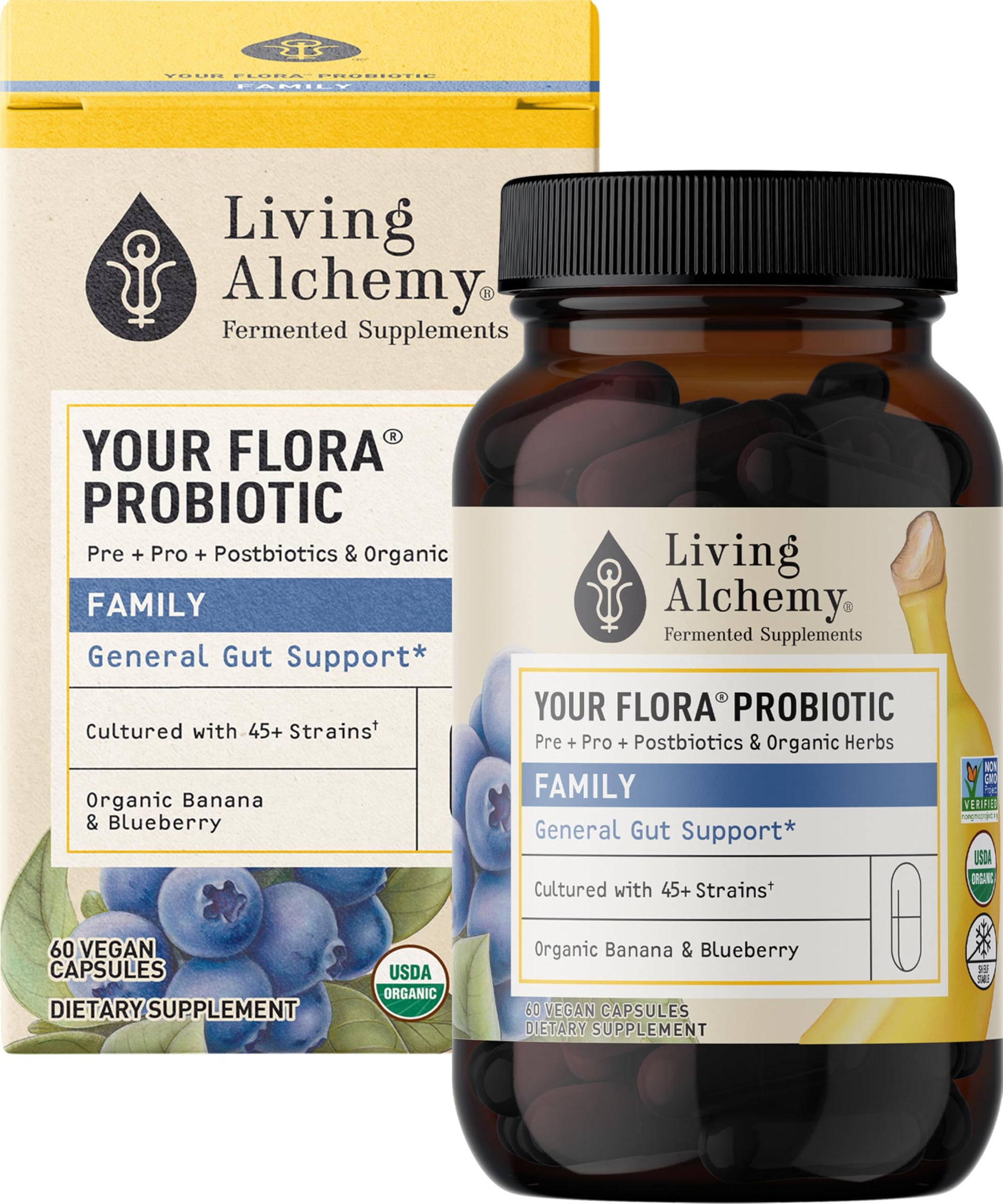 Your Flora Probiotic Family – Non-GMO Probiotics with Fermented Soybean, Banana, & Blueberry for Digestion & Gut Support – Prebiotics, Postbiotics, Digestive Enzymes – Living Alchemy, 60 Capsules Living Alchemy uk supplements