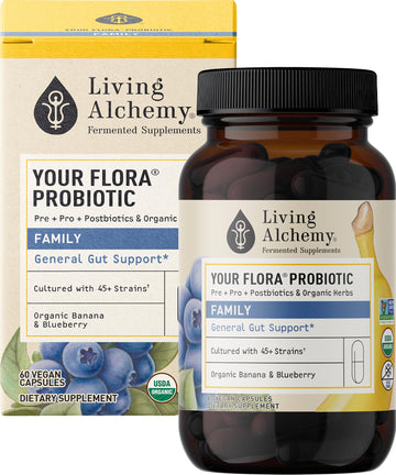 Your Flora Probiotic Family – Non-GMO Probiotics with Fermented Soybean, Banana, & Blueberry for Digestion & Gut Support – Prebiotics, Postbiotics, Digestive Enzymes – Living Alchemy, 60 Capsules Living Alchemy uk supplements