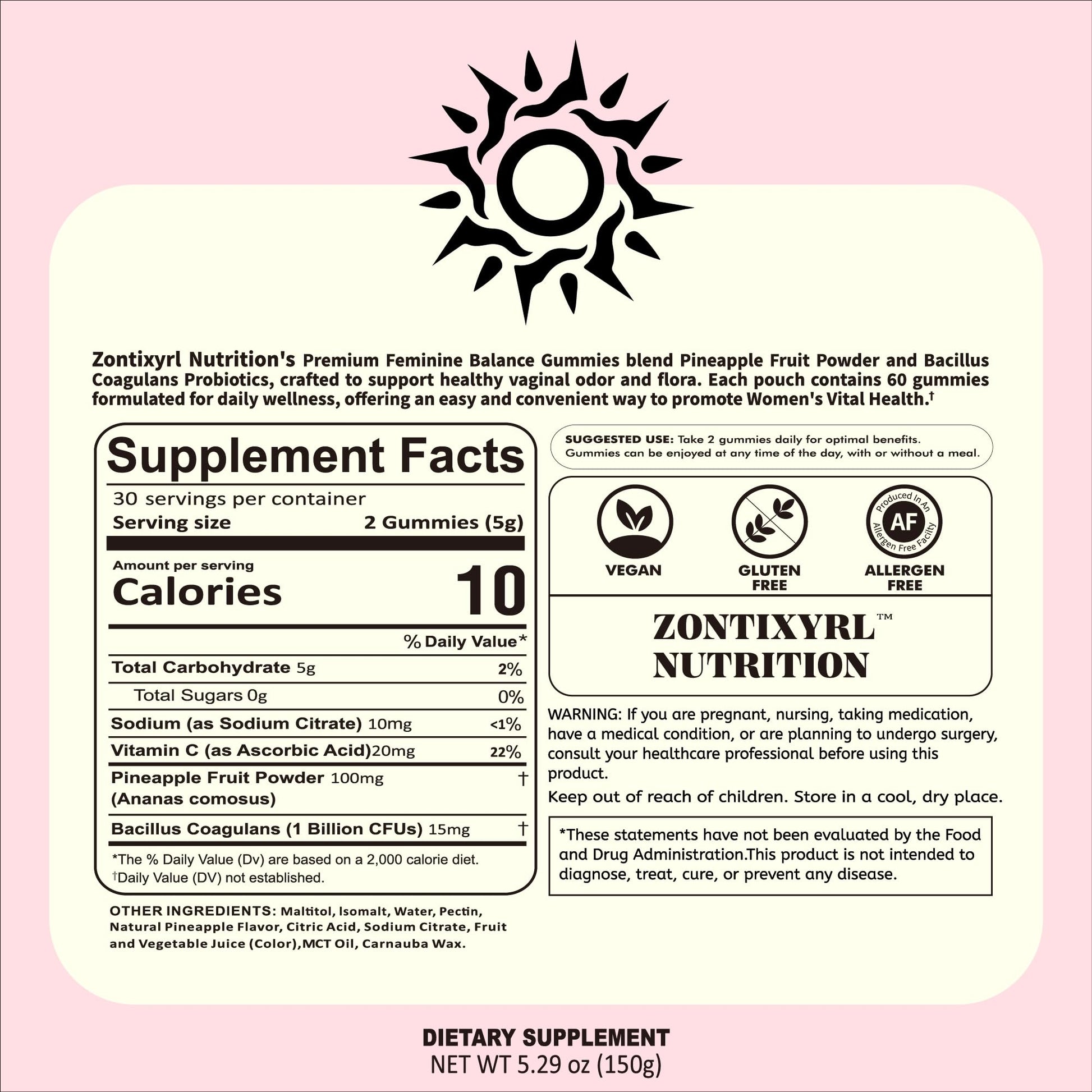 Zontixyrl Premium Feminine Balance Gummies Women - Pineapple Gummies for Women pH Probiotic and Immune Support Vegan Gluten Free 60 Gummies 30 Servings Zontixyrl uk supplements