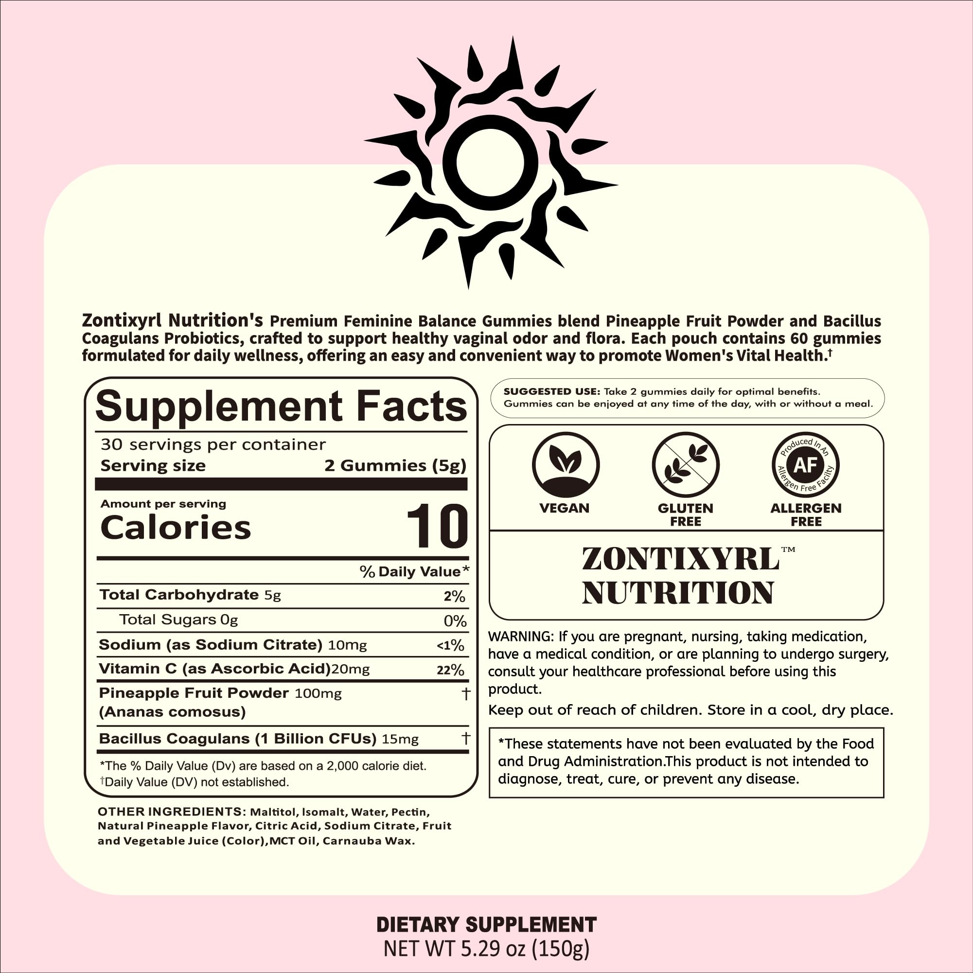 Zontixyrl Premium Feminine Balance Gummies Women - Pineapple Gummies for Women pH Probiotic and Immune Support Vegan Gluten Free 60 Gummies 30 Servings Zontixyrl uk supplements