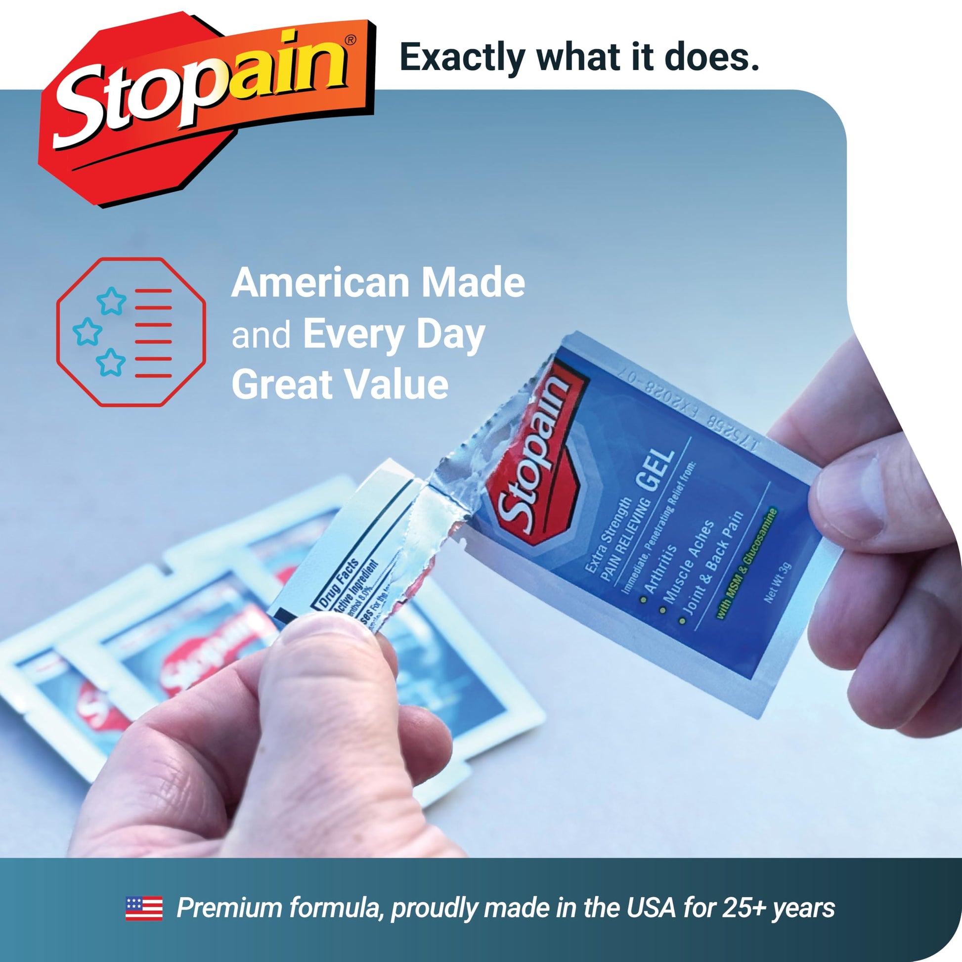 Stopain Pain Relief 3g Gel Packets, 100ct, 8% Menthol, Topical Pain Relief, Knee Pain Relief, Back Pain Relief, and Arthritis Pain Relief, Perfect for Workplace First Aid Cabinets, Made in USA Stopain uk supplements