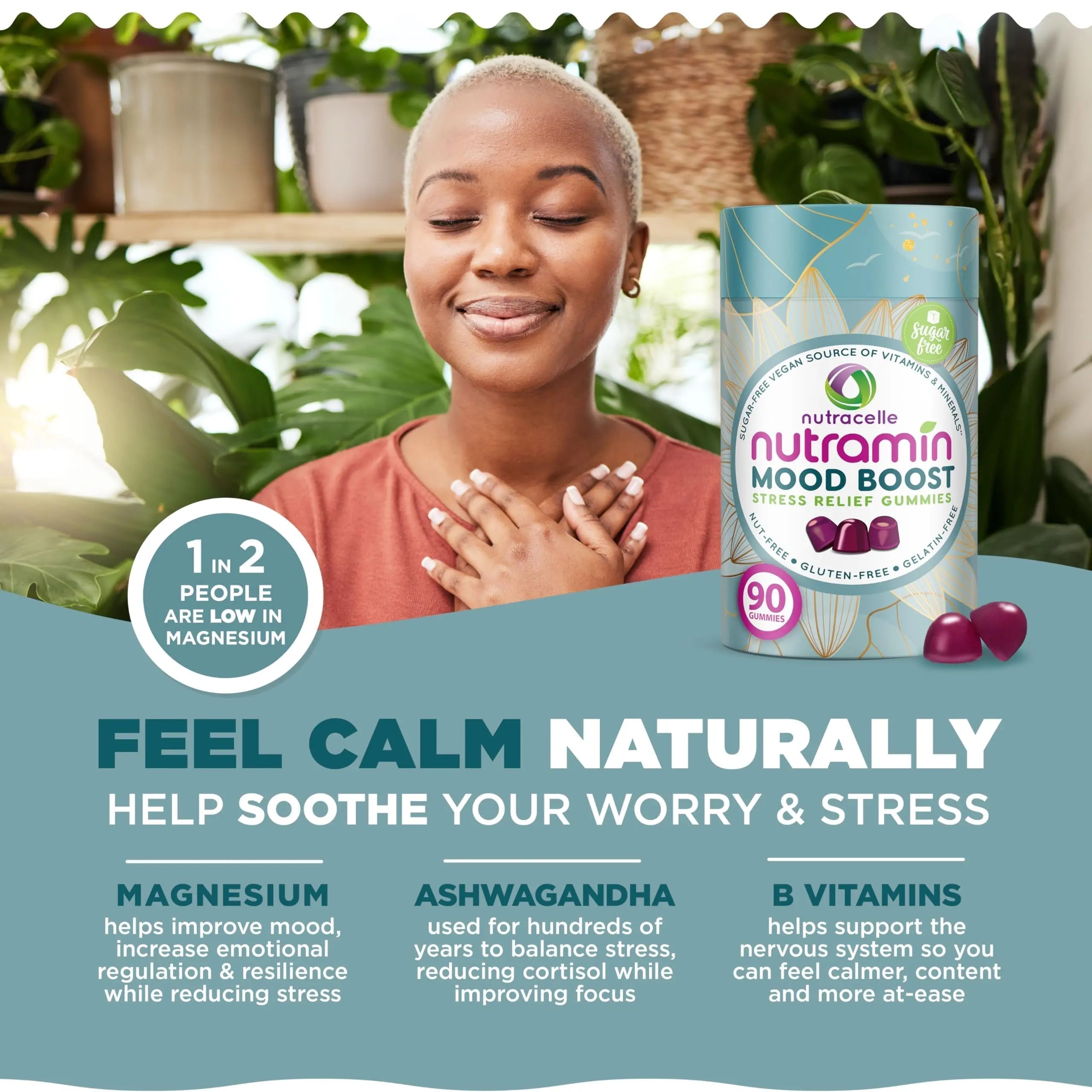 NUTRAMIN Mood Boost Multivitamin Gummy - Delicious & Yummy Anti-Stress Magnesium Ashwagandha Gummies + B Complex Vitamins for Focus and Calm Nutracelle uk supplements