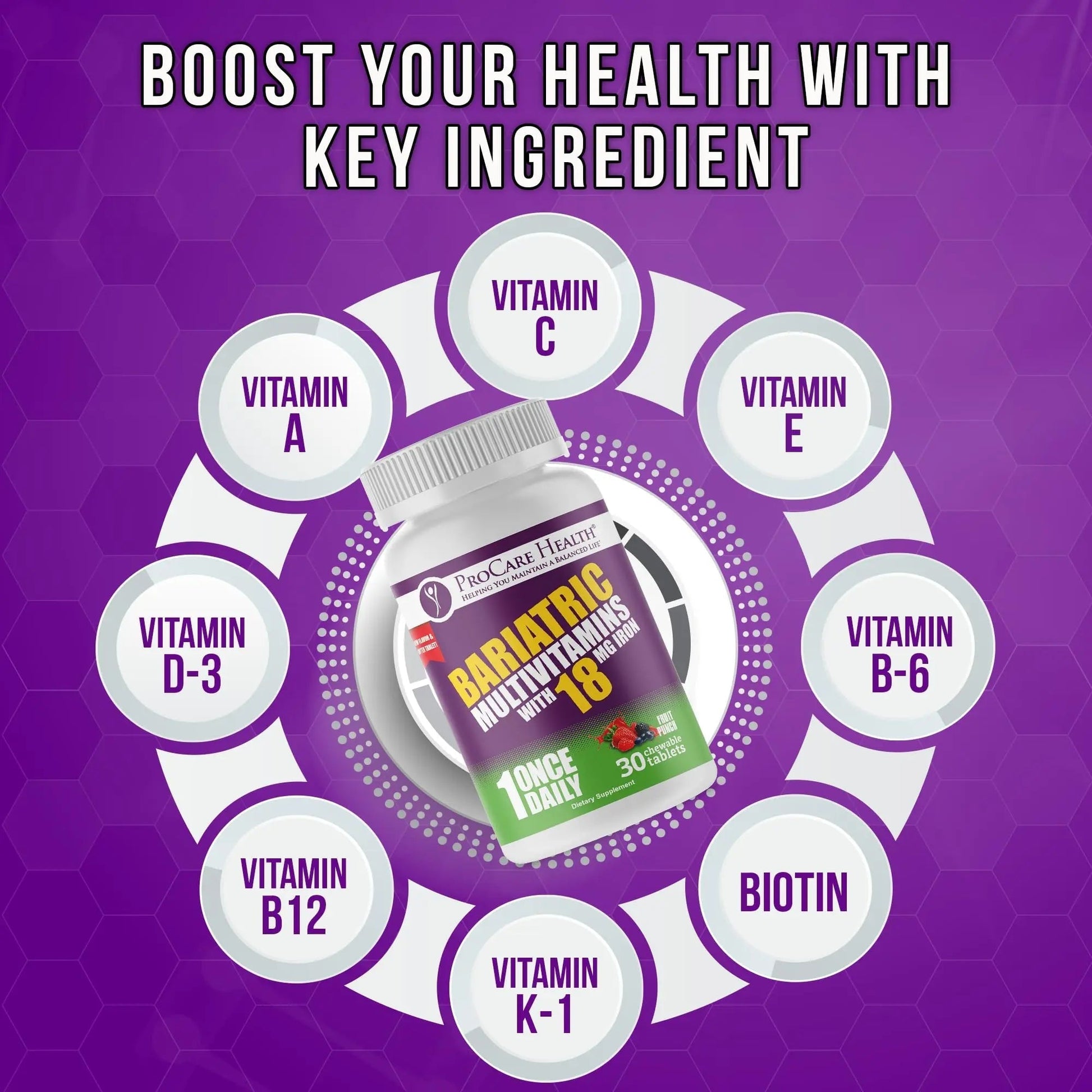 ProCare Health Bariatric Chewable Multivitamin with Iron 18mg (30 Tablets) - Fruit Punch Flavor Bariatric Multivitamin Chewable ProCare Health uk supplements