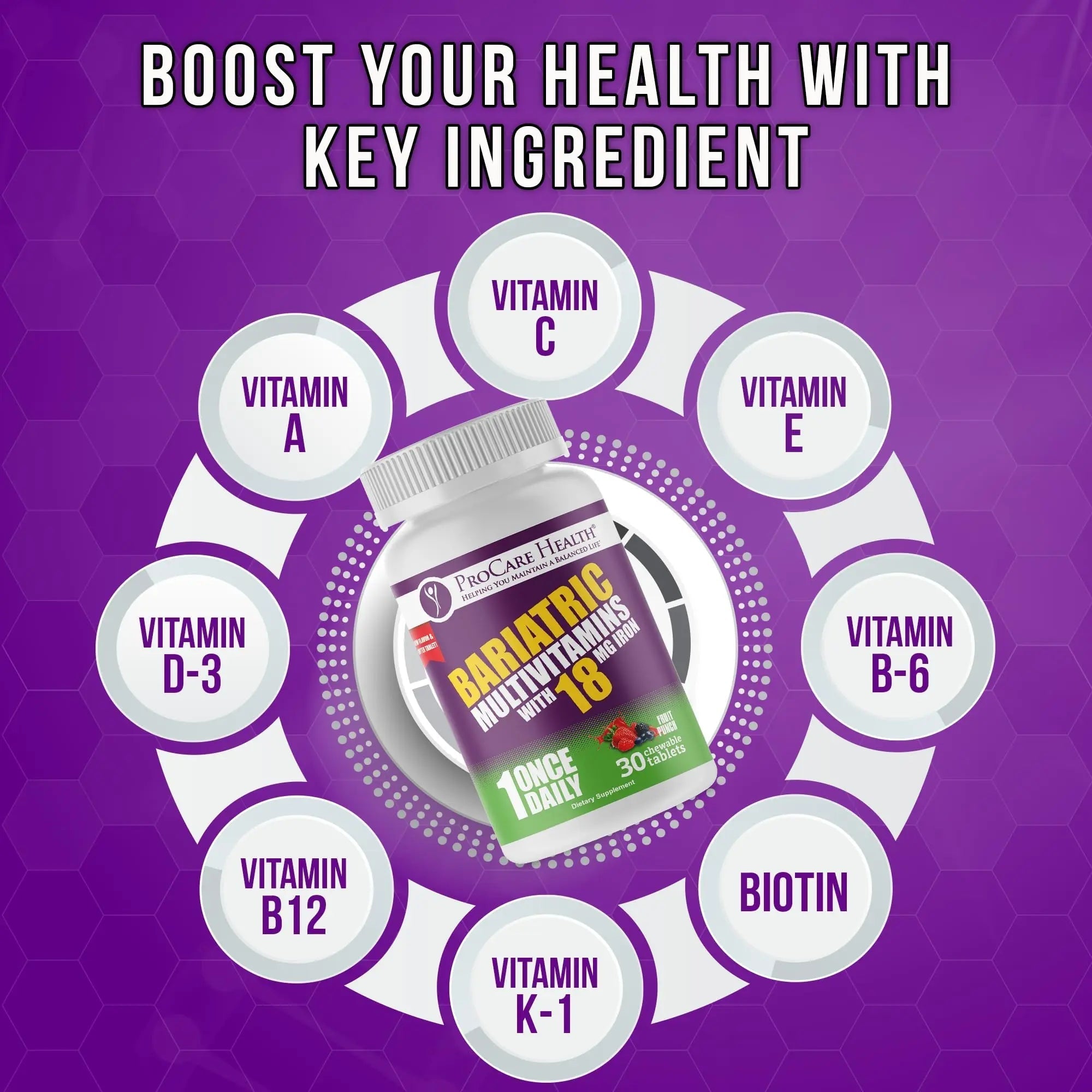 ProCare Health Bariatric Chewable Multivitamin with Iron 18mg (30 Tablets) - Fruit Punch Flavor Bariatric Multivitamin Chewable ProCare Health uk supplements