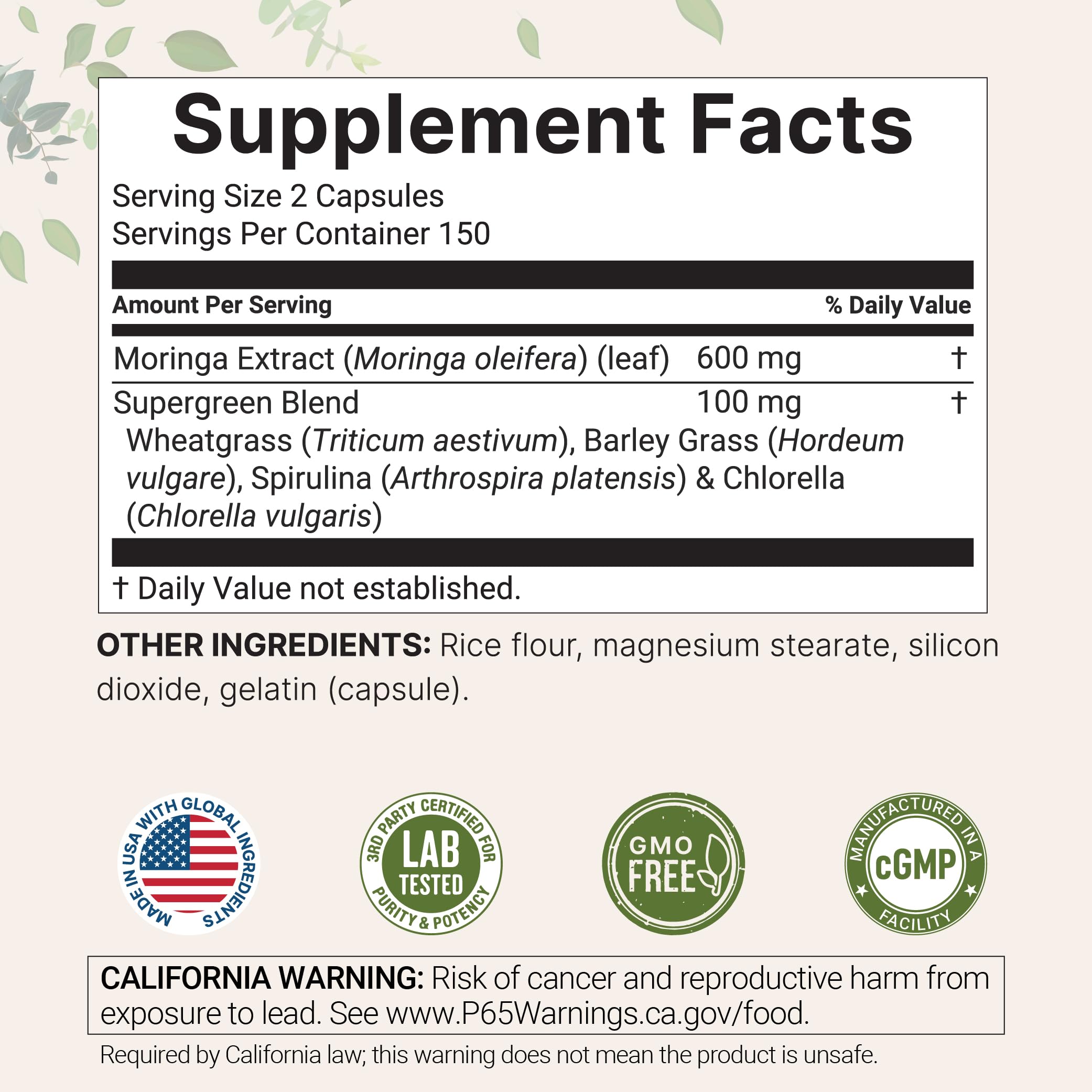 Micro Ingredients Moringa Oleifera | 300 Capsules with Supergreens Blend of Wheatgrass, Barley Grass, Spirulina, & Chlorella | Antioxidant Supplement, Energy, & Immune Support | Non-GMO Micro Ingredients uk supplements