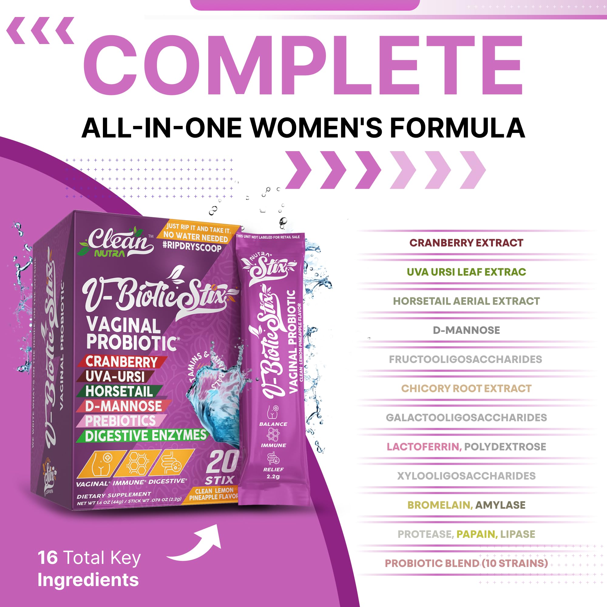 Clean Nutraceuticals Vaginal Probiotics for Women with Cranberry Extract, D-Mannose, Prebiotics, pH Balance for Women, Vaginal Health – Womens Probiotic Alternative to Gummies - 20 Stix Clean Nutraceuticals uk supplements