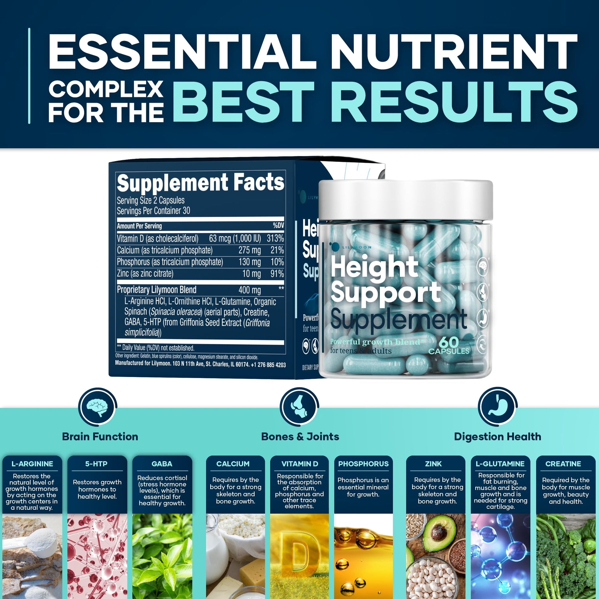 Height & Bone Support Supplement - Premium Height Growth Supplement for Kids & Teens with Calcium - Nutritional Support Bone Health Formula - Height Increase Essential Vitamins - 60 Caps LM LILYNUTRAMOON uk supplements