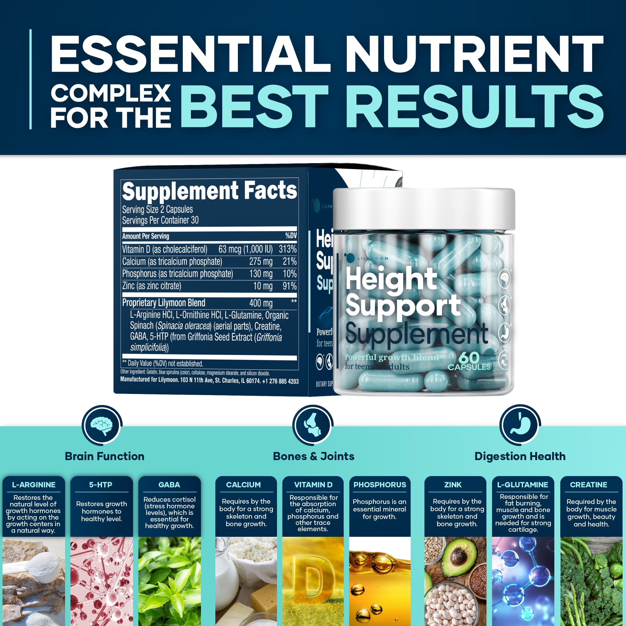 Height & Bone Support Supplement - Premium Height Growth Supplement for Kids & Teens with Calcium - Nutritional Support Bone Health Formula - Height Increase Essential Vitamins - 60 Caps LM LILYNUTRAMOON uk supplements