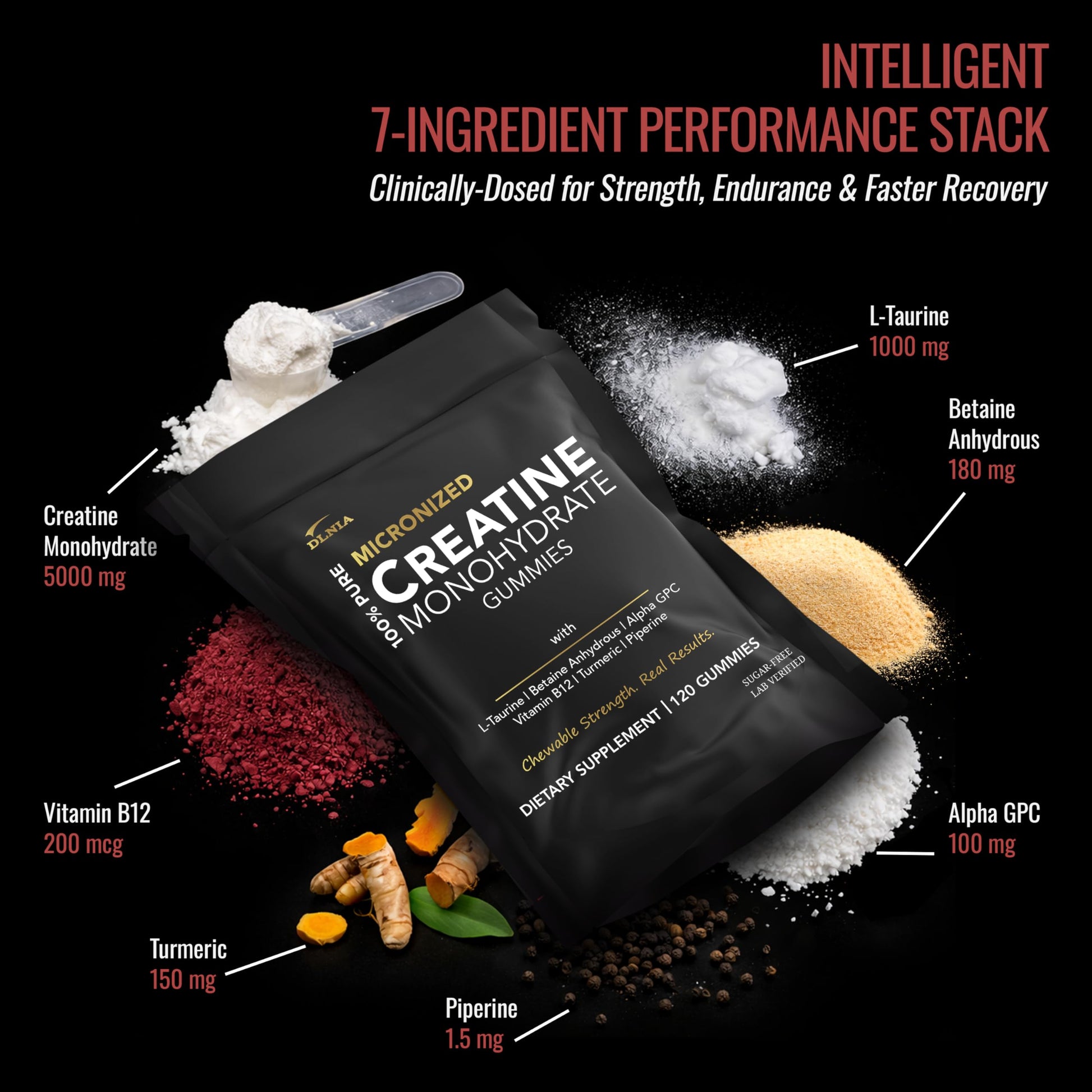 Creatine Monohydrate Gummies for Men & Women - Sugar Free & Vegan Advanced Formula W/L-Taurine + Vitamin B12 - for Muscle Strength, Muscles Builder, Recovery, DLNIA uk supplements