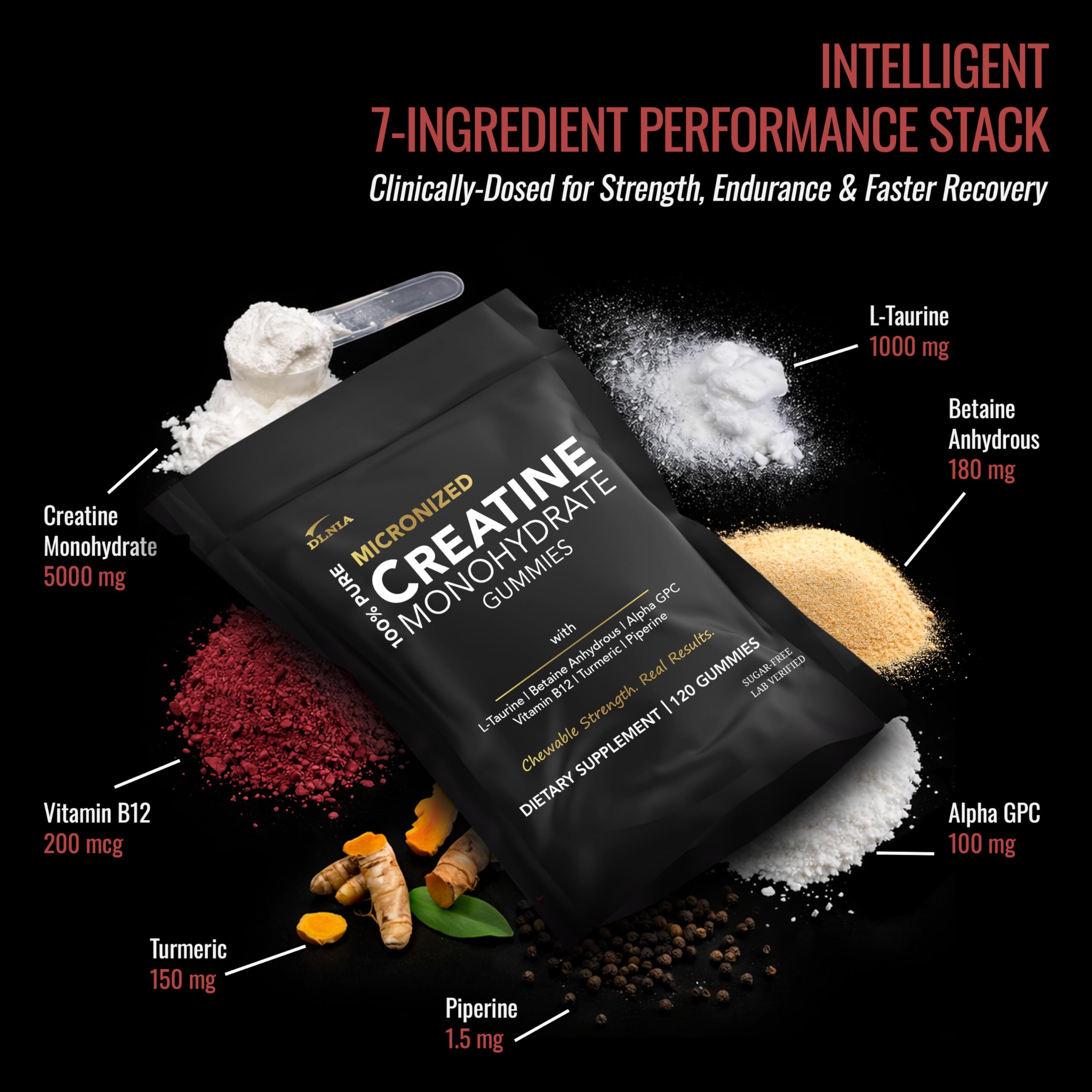 Creatine Monohydrate Gummies for Men & Women - Sugar Free & Vegan Advanced Formula W/L-Taurine + Vitamin B12 - for Muscle Strength, Muscles Builder, Recovery, DLNIA uk supplements