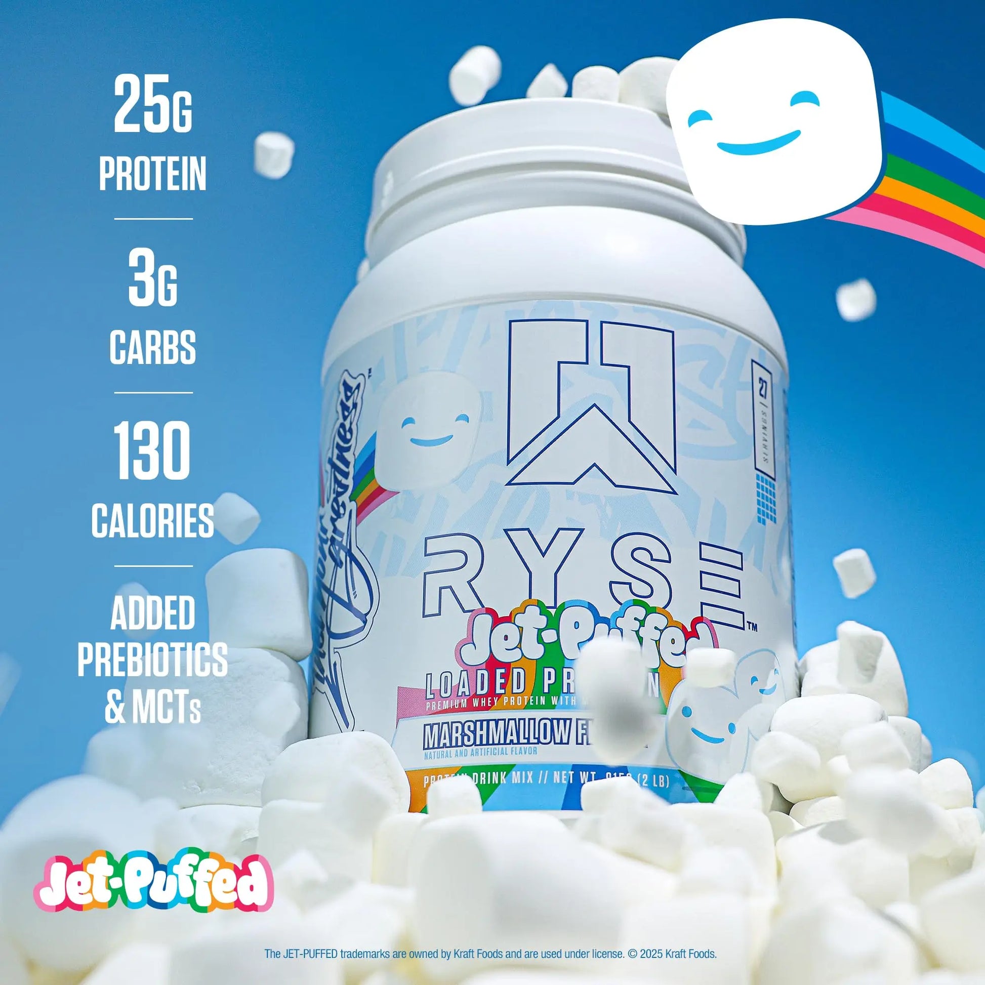 RYSE Loaded Protein Powder - Jet-Puffed Marshmallow - 25g Whey Protein Isolate & Concentrate with Prebiotic Fiber & MCTs - Low Carb, Low Sugar, Digestive-Friendly - 27 Servings / 2 lb Tub RYSE Up Supplements uk supplements