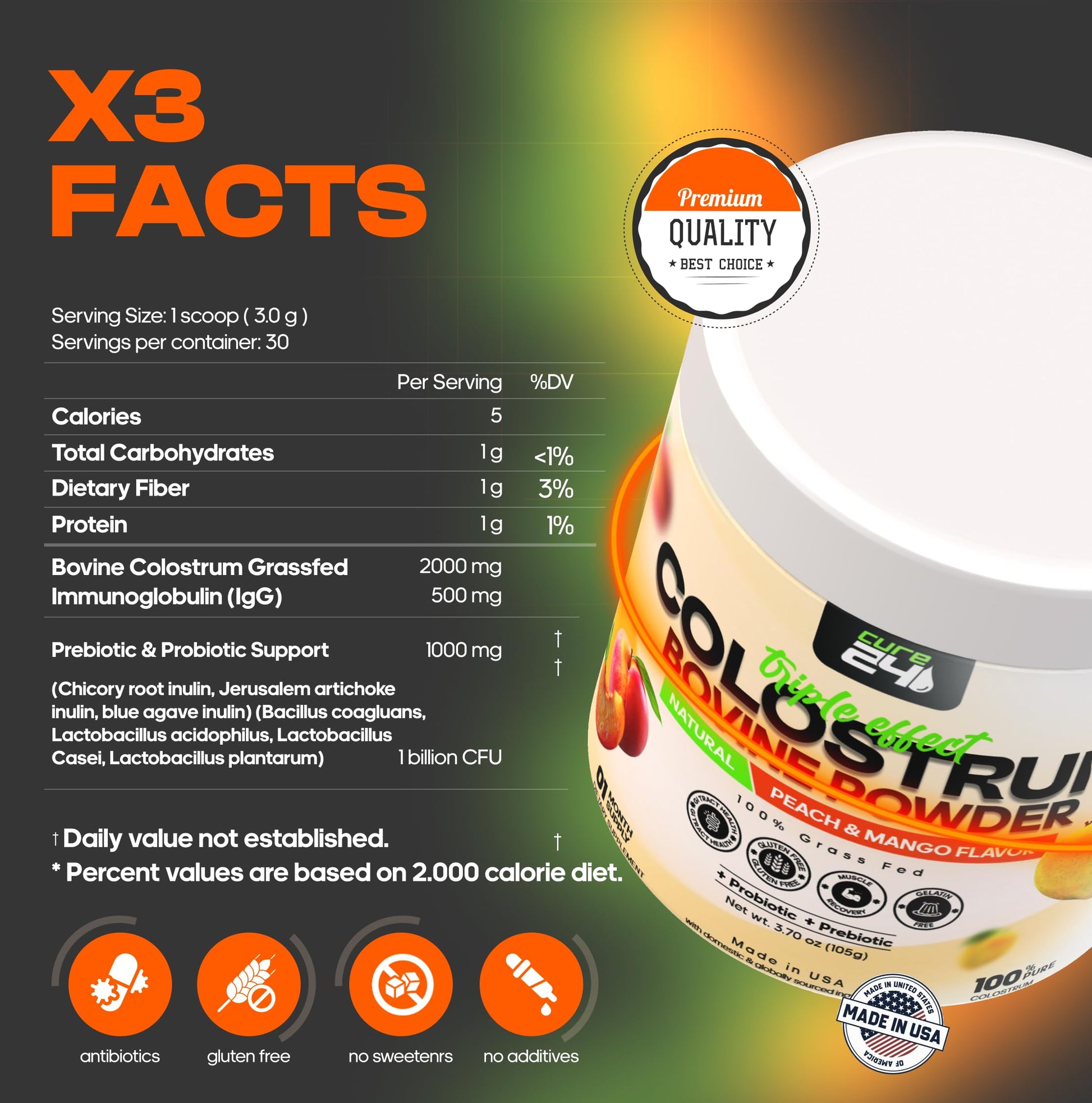 Cure24 Bovine X3 Colostrum Supplement Powder for Humans, 100% Pure Whole Natural Grass Fed Superfood, High IgG, Plus Probiotic & Prebiotic, Natural Peach-Mango Flavor, Made in USA Cure24 uk supplements