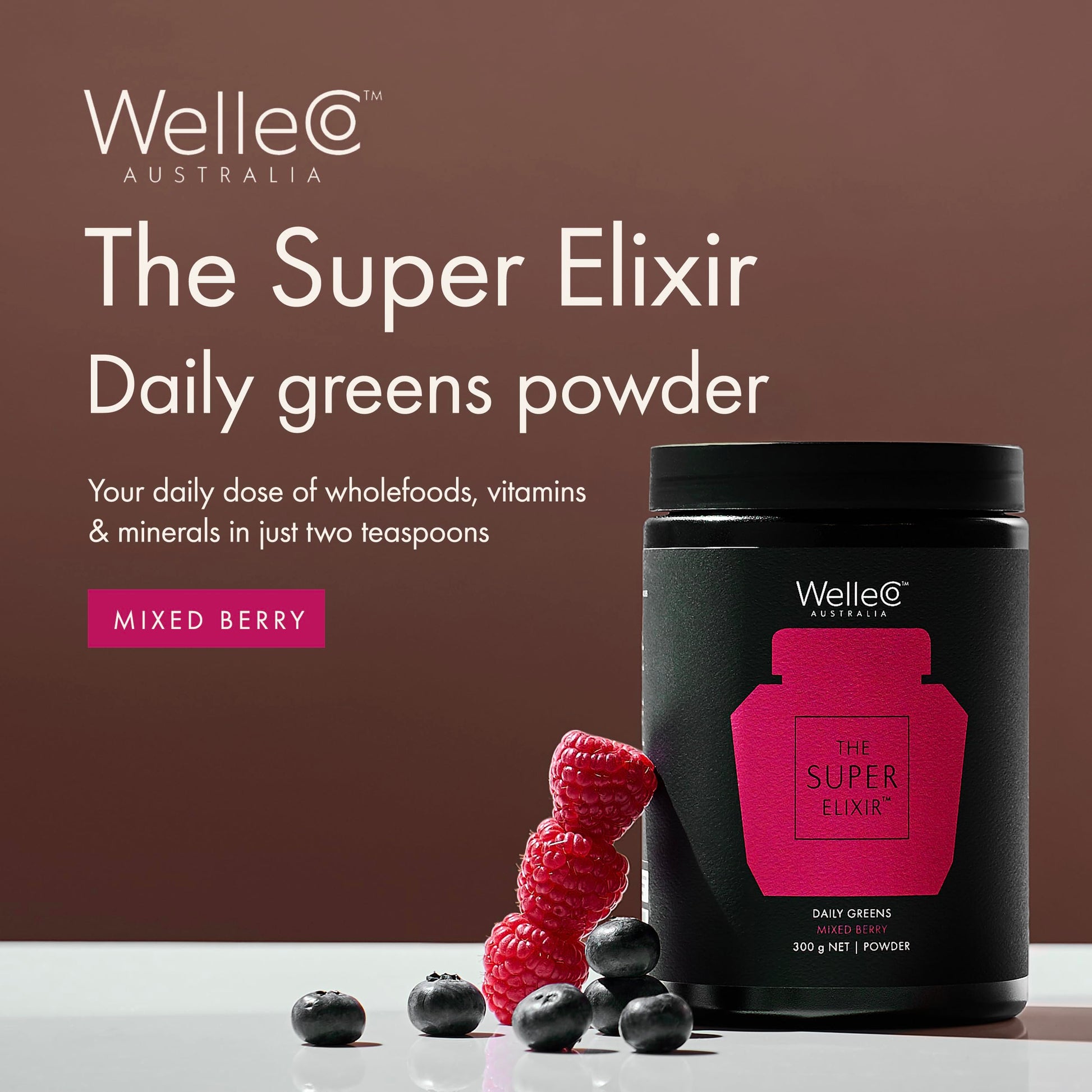 WelleCo The Super Elixir Daily Greens Powder, Probiotic Drink Mix with Whole Foods, Gluten Free, Vegan Gut Health Powder, Energy, Immunity, Healthy Skin, Hair & Nails (300g, Mixed Berry) WelleCo uk supplements
