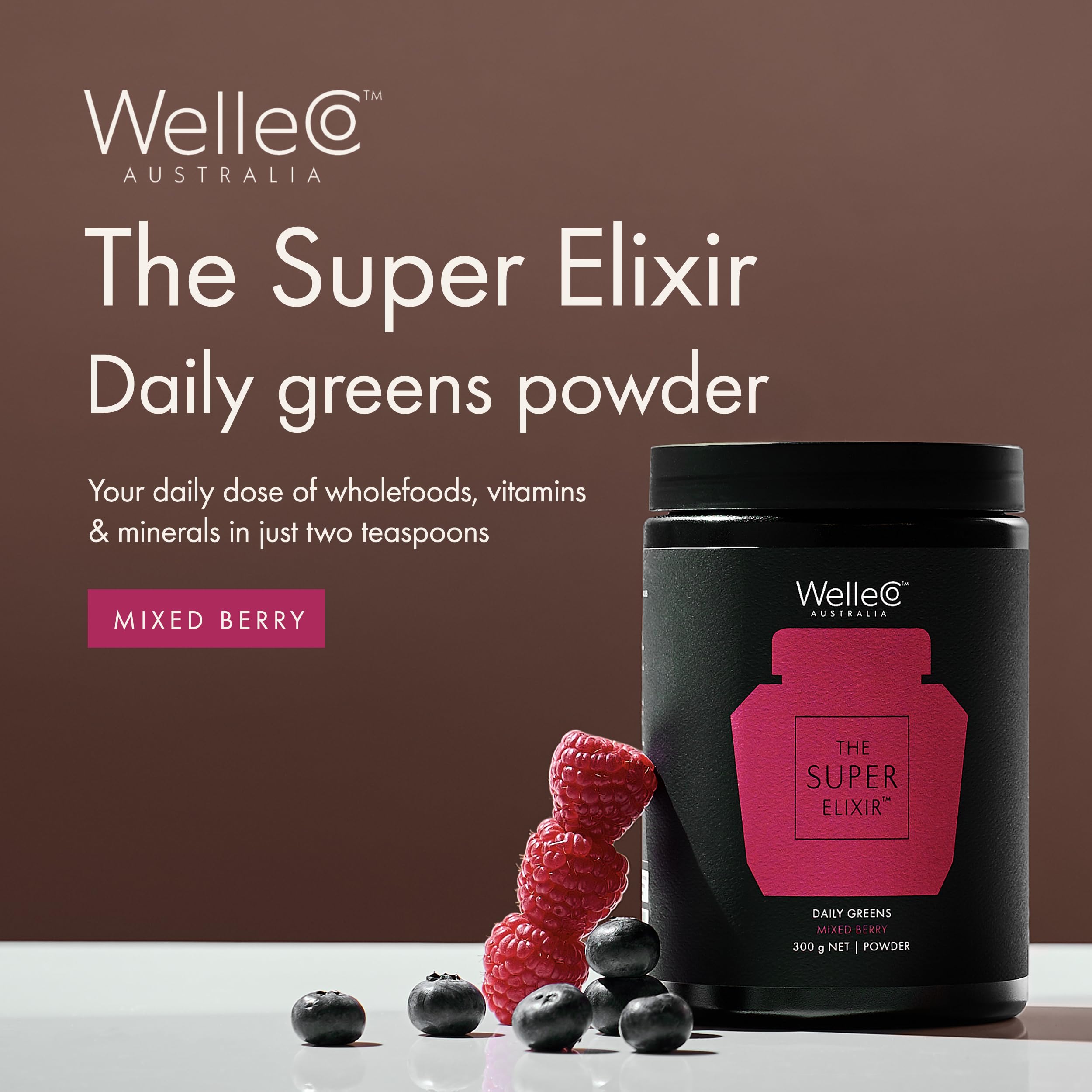 WelleCo The Super Elixir Daily Greens Powder, Probiotic Drink Mix with Whole Foods, Gluten Free, Vegan Gut Health Powder, Energy, Immunity, Healthy Skin, Hair & Nails (300g, Mixed Berry) WelleCo uk supplements