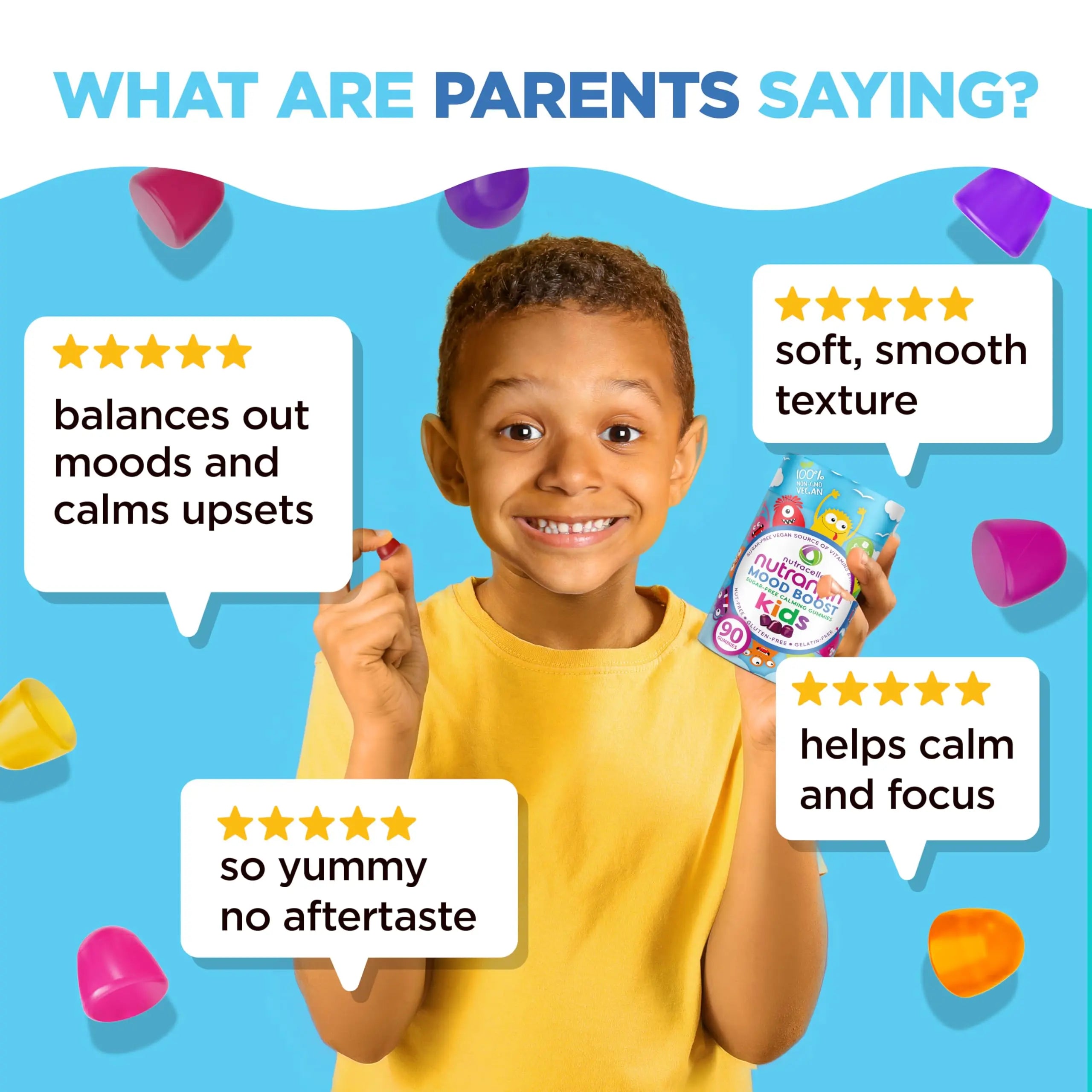 NUTRAMIN Kids Mood Boost Vegan Vitamin Gummy: Calming Magnesium Citrate Supplement for Children with Ashwagandha & Vitamin B Complex to Relax & Focus Nutracelle uk supplements