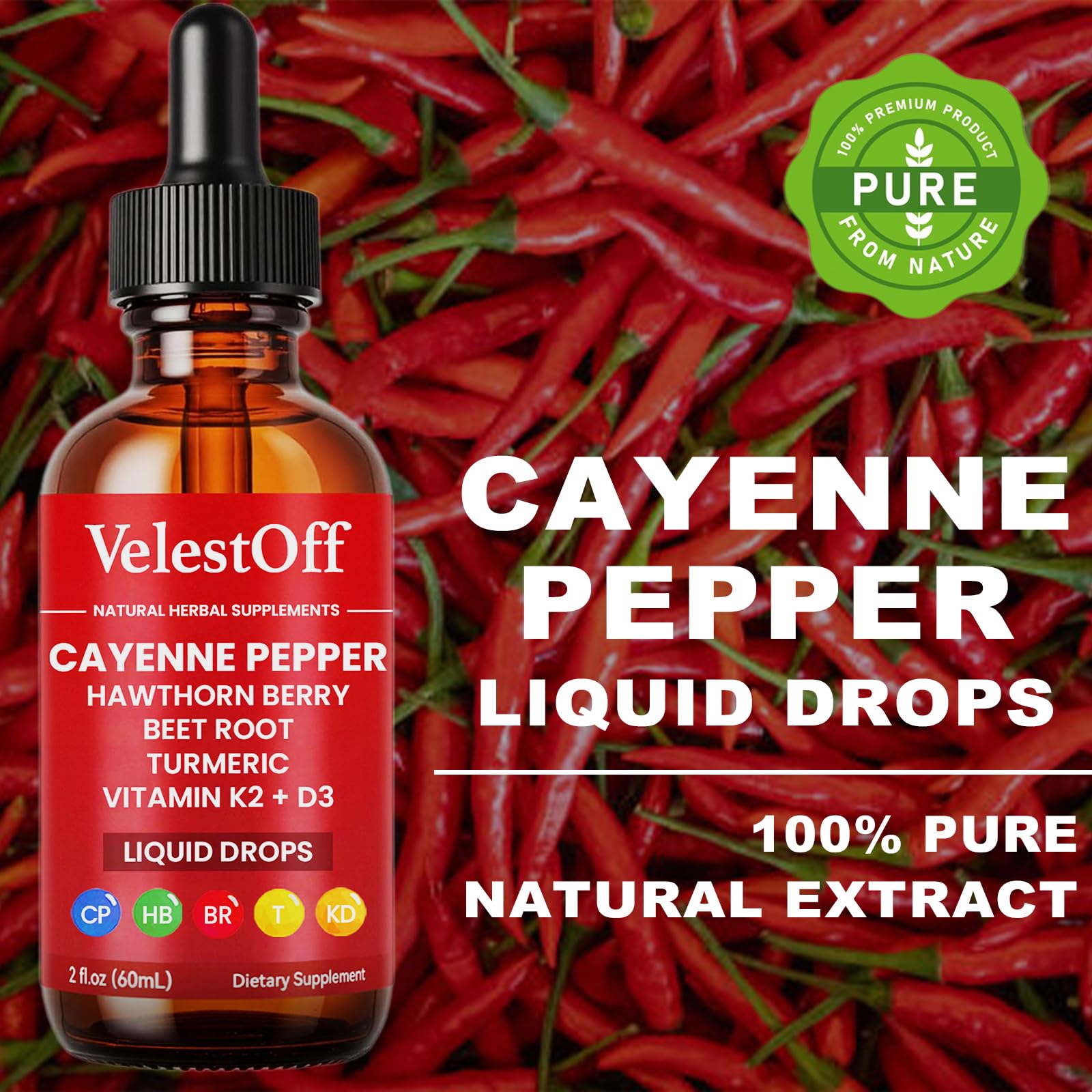 Velestoff Cayenne Pepper Drops, Cayenne Circulation Blend with Hawthorn Beet Root Turmeric Vitamin K2 D3 - Vegan, Non-GMO - 2FL.OZ (1 PCS) Velestoff uk supplements