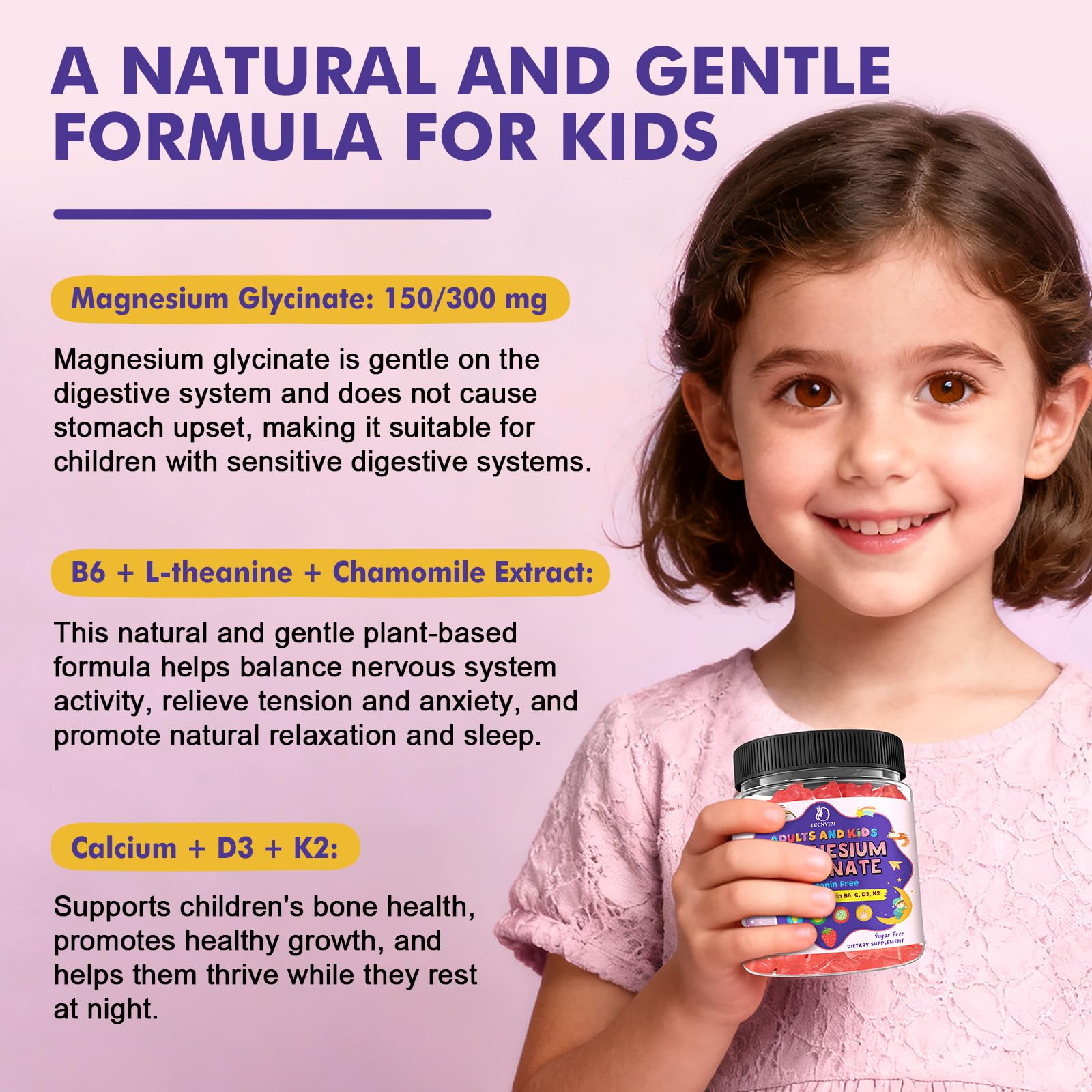 Magnesium Glycinate Gummies for Kids 4+ & Adults- Magnesium Glycinate 150/300 mg for Natural Sleep, Relaxation & Calm Support, Melatonin Free, Sugar Free Strawberry Flavor, 60 Ct LUCNVEM uk supplements