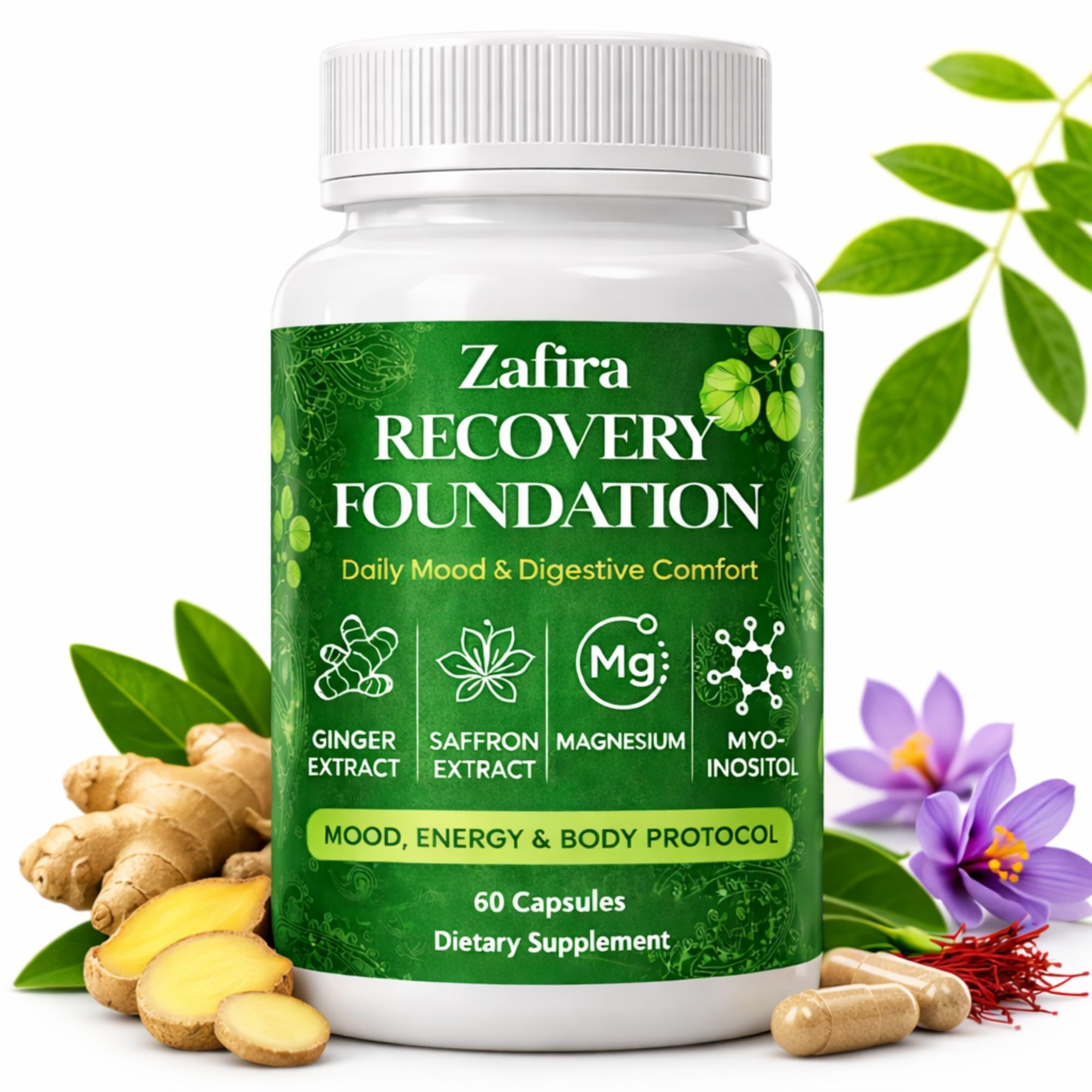 DYDUON Zafira Recovery Foundation Capsules – Mental Clarity, Hair & Mood Support, Natural Herbal Formula with Saffron Extract, Ginger Extract, L-Theanine, Myo-Inositol, Non-GMO, 60 Capsules DYDUON uk supplements