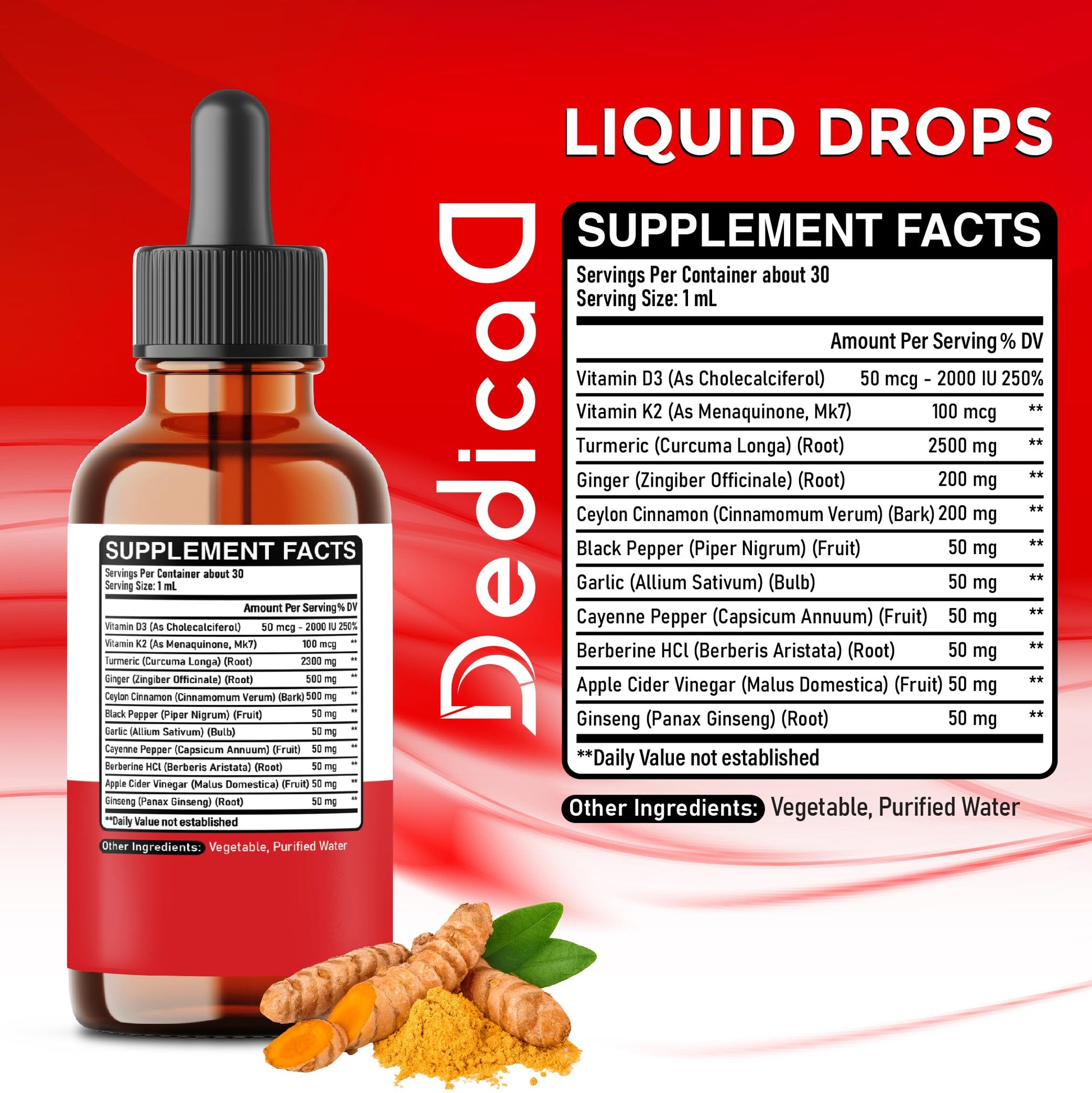 11in1 Turmeric Supplement for Health Heart & Wellness Support – with Ginger, Garlic, Ceylon Cinnamon, Berberine, Ginseng, Apple Cider Vinegar – 30ml Liquid Drops – 60 Servings DEDICAD uk supplements