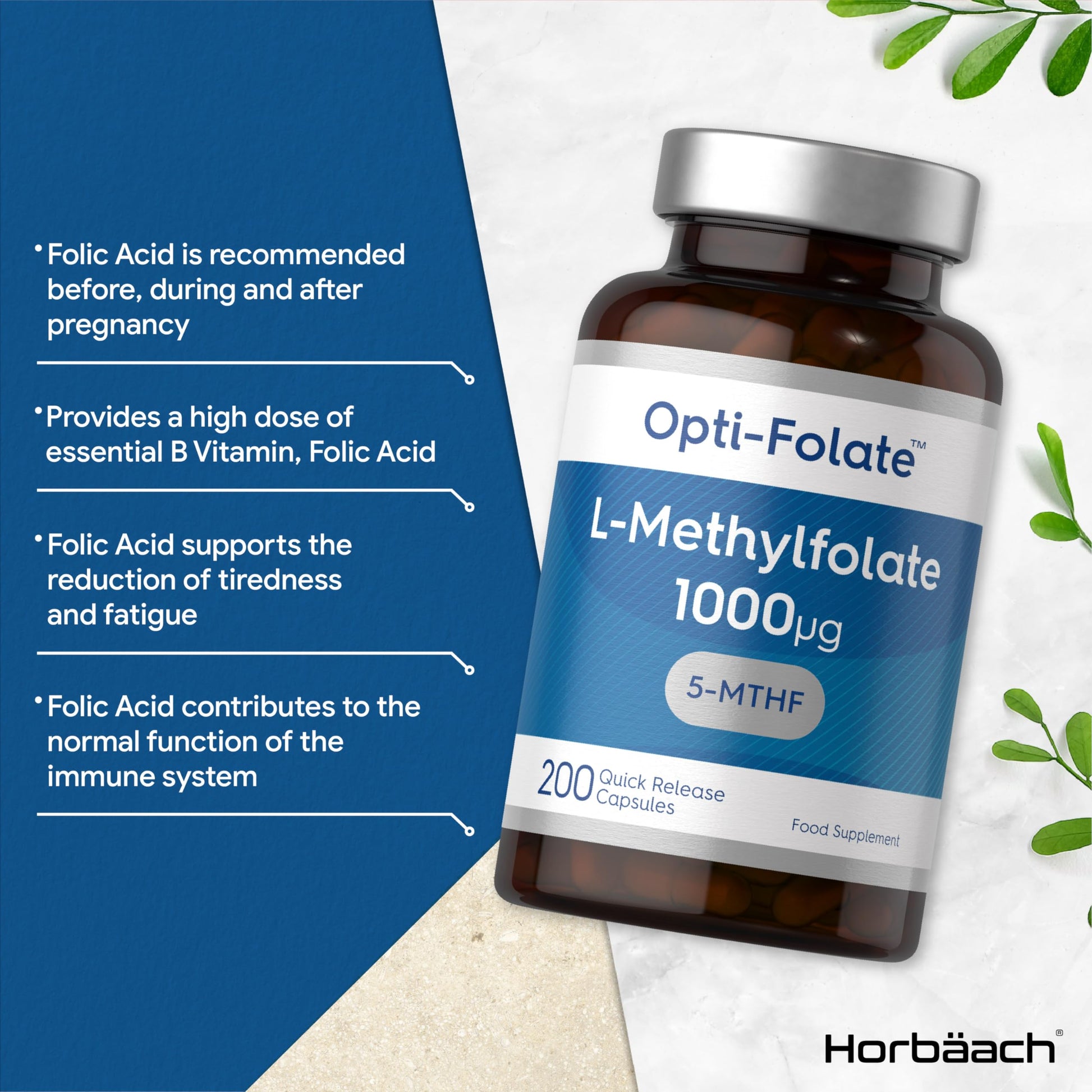 L-Methylfolate 1000ug | 200 Capsules | 5-MTHF Folate Supplement | Active Form Horbäach uk supplements