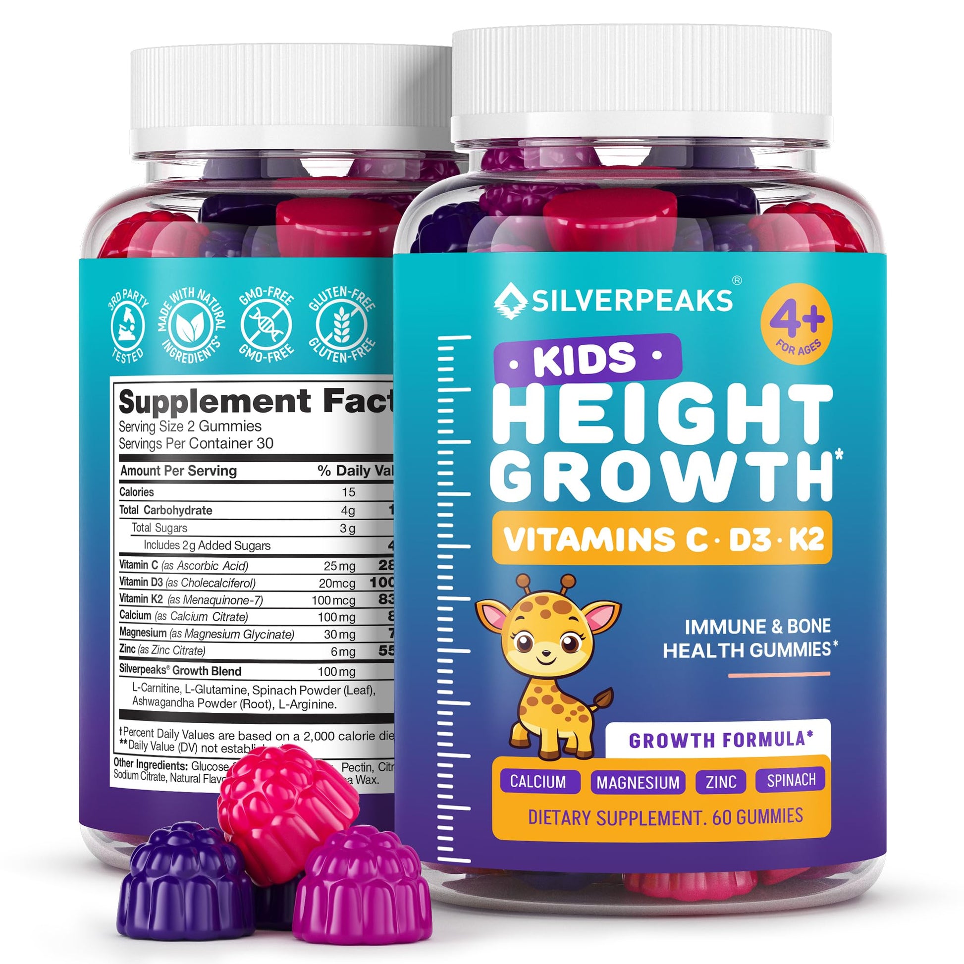 Height Growth Gummies for Kids - Growth Vitamins for Teens, Height Increase Multivitamin for Boys & Girls with Calcium Vitamin D C K2 Magnesium Zinc, Natural Height Growth Maximizer Supplement, 60 PCS SILVERPEAKS uk supplements