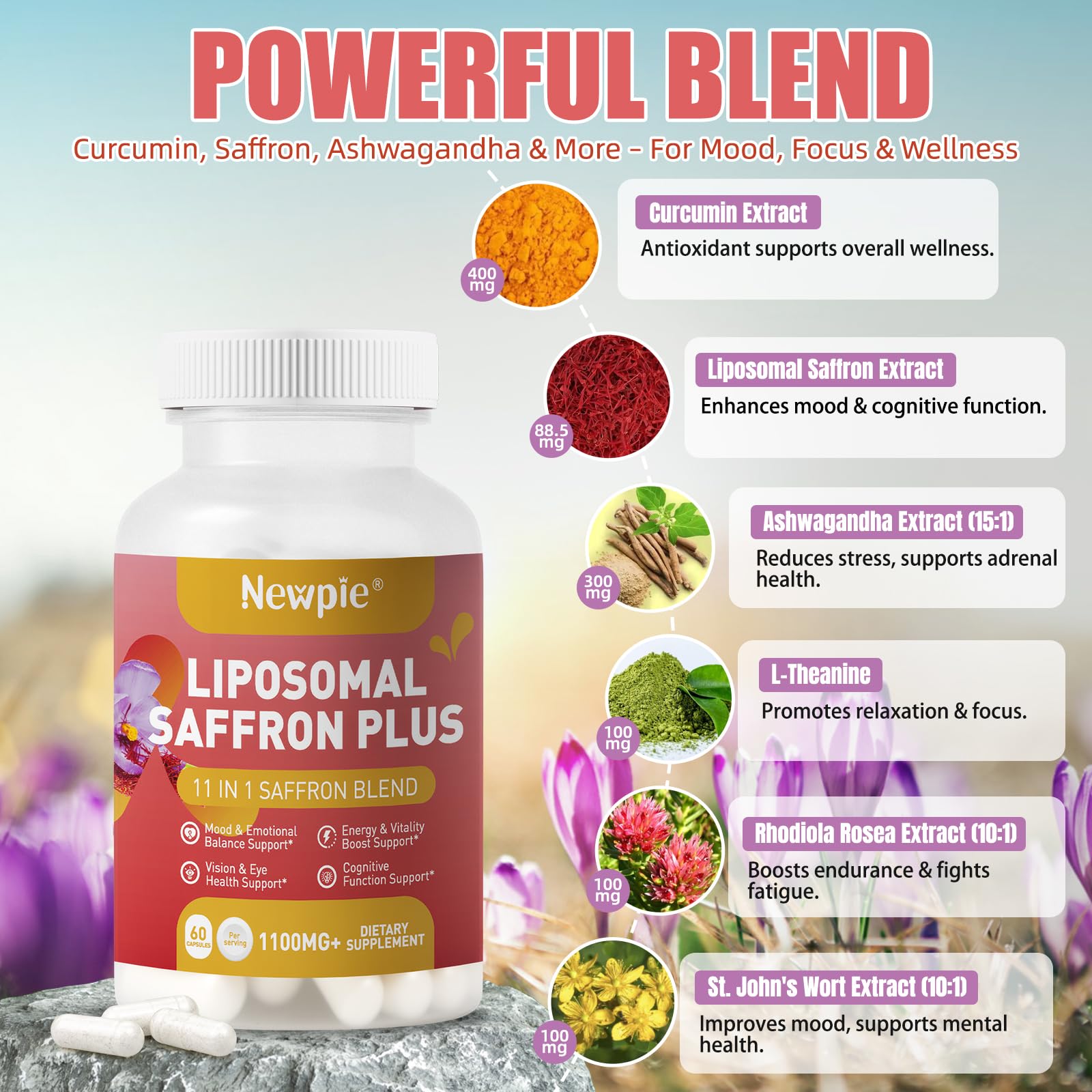 Newpie Saffron Supplements - 100% Pure Saffron Extract Capsules - Natural Mood Enhancer, Supports Eye & Heart Health, Boosts Energy - Premium Supplement for Women & Men（60 Servings (2) Newpie uk supplements