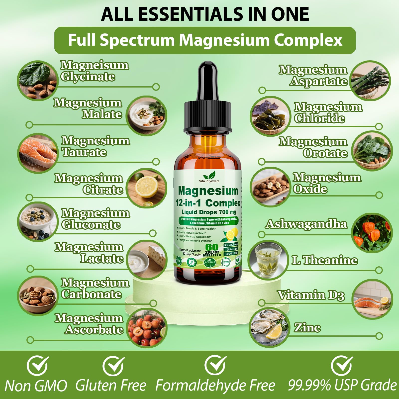 12-in-1 Magnesium Complex Liquid Drops, Chelated Magnesium Citrate Glycinate Taurate Malate Aspartate w. Ashwagandha Theanine D3 & Zinc for Relaxation Sleep Immune Health & Muscle Function丨Women Men. Vita PLynxera uk supplements