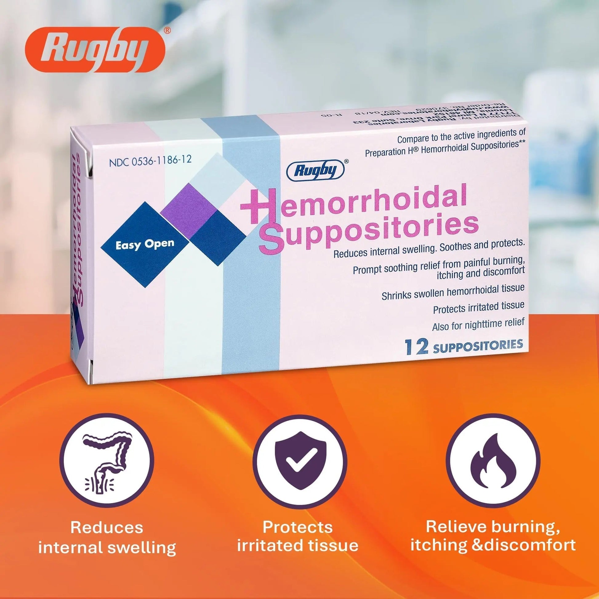 Rugby Hemorrhoidal Suppositories - Soothing and Shrinking Action for Internal Hemorrhoids with Cocoa Butter and Phenylephrine HCl, Easy Open Design - 12 Count RUGBY LABORATORIES uk supplements