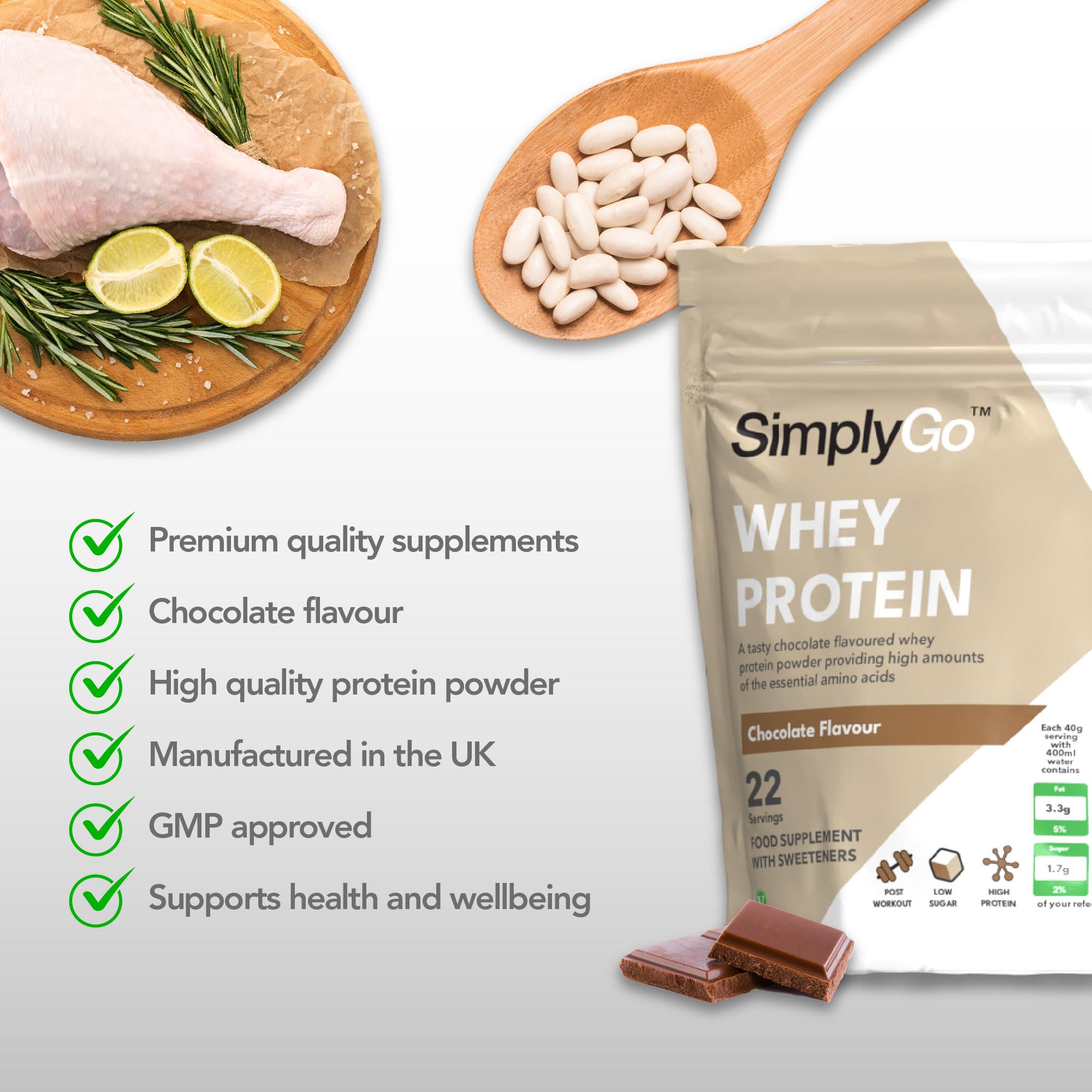 SimplyGo Whey Protein 900g Chocolate Flavour Simply Supplements uk supplements