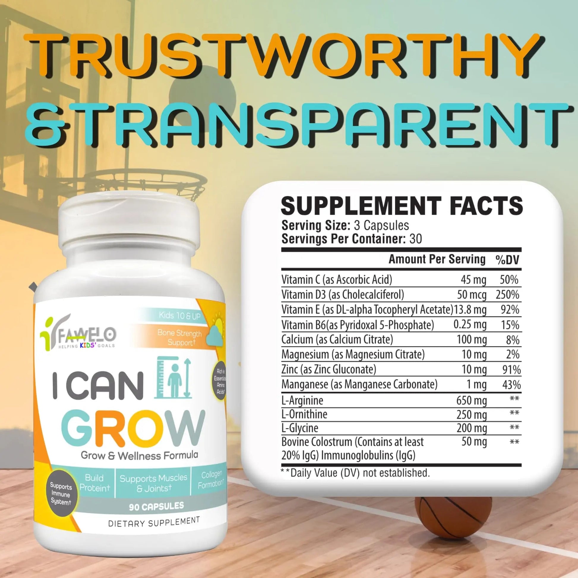 Fawelo I Can Grow Day-Time for Kids 10+ & Teens | Growth & Development Support with L-Arginine, Colostrum, Calcium, D3, Magnesium, Zinc | Fawelo uk supplements