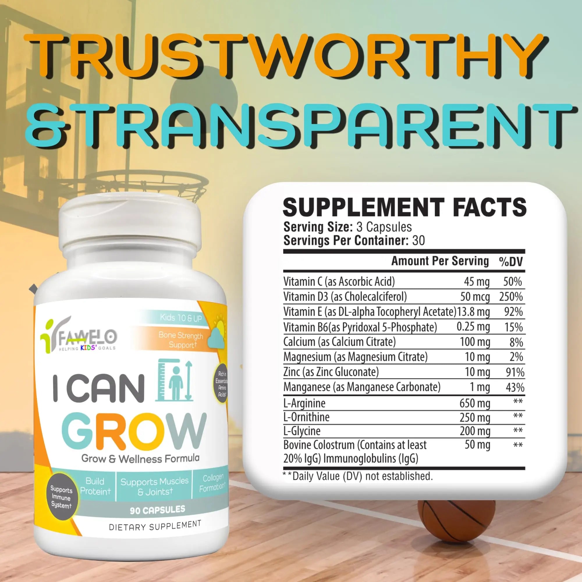 Fawelo I Can Grow Day-Time for Kids 10+ & Teens | Growth & Development Support with L-Arginine, Colostrum, Calcium, D3, Magnesium, Zinc | Fawelo uk supplements