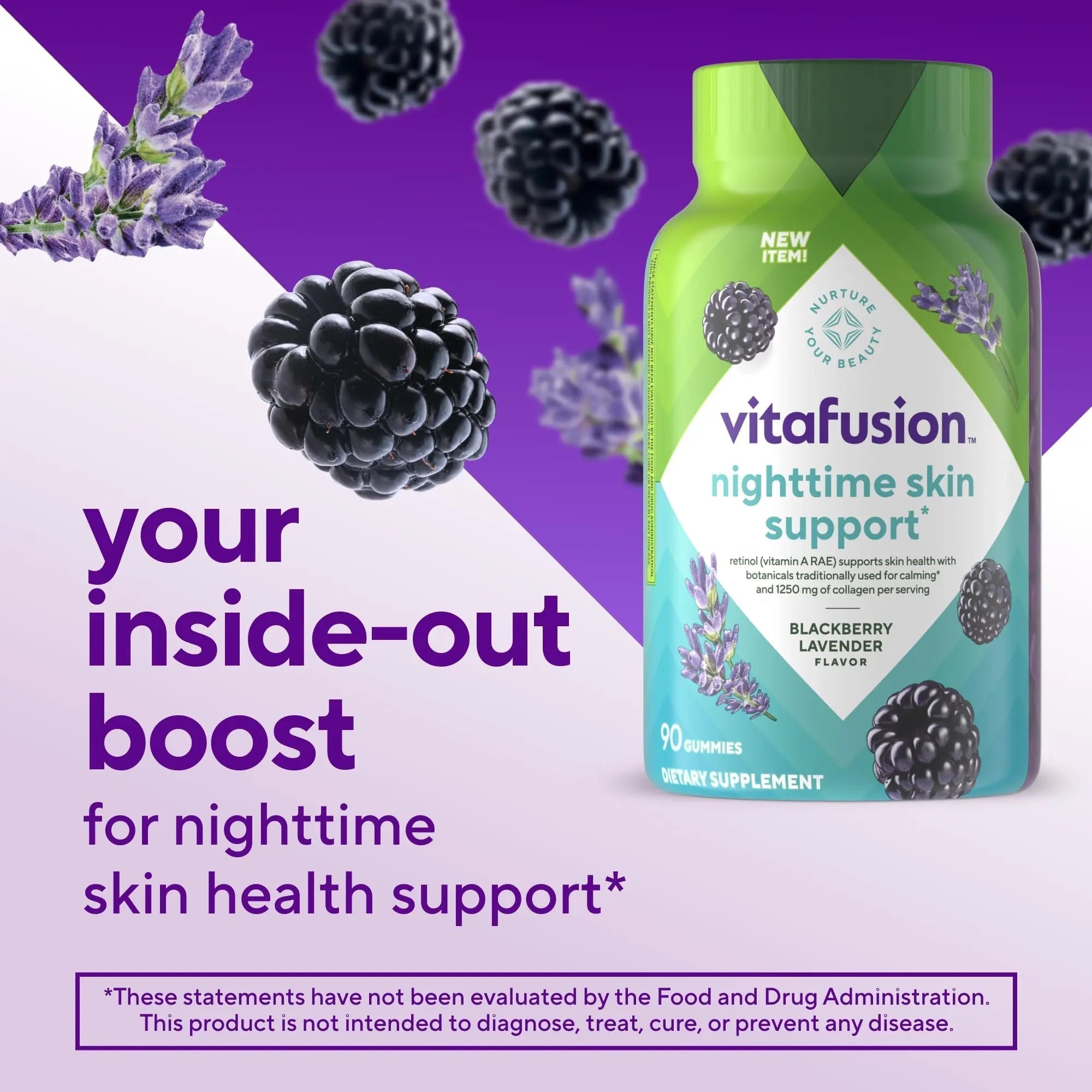 vitafusion Nighttime Skin Support (1), Beauty Supplement with Retinol (Vitamin A RAE), Collagen & Bedtime Botanicals Vitafusion uk supplements