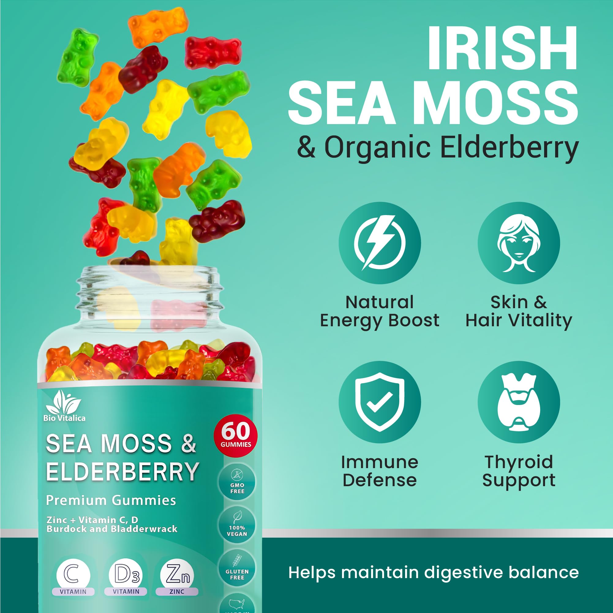 BIO VITALICA Irish Sea Moss Gummies with Elderberry – USA Made Vegan Gummies with Vitamin C, D & Zinc – Immune Support Supplement with Bladderwrack & Burdock Root for Adults & Kids – 3 Packs BIO VITALICA uk supplements