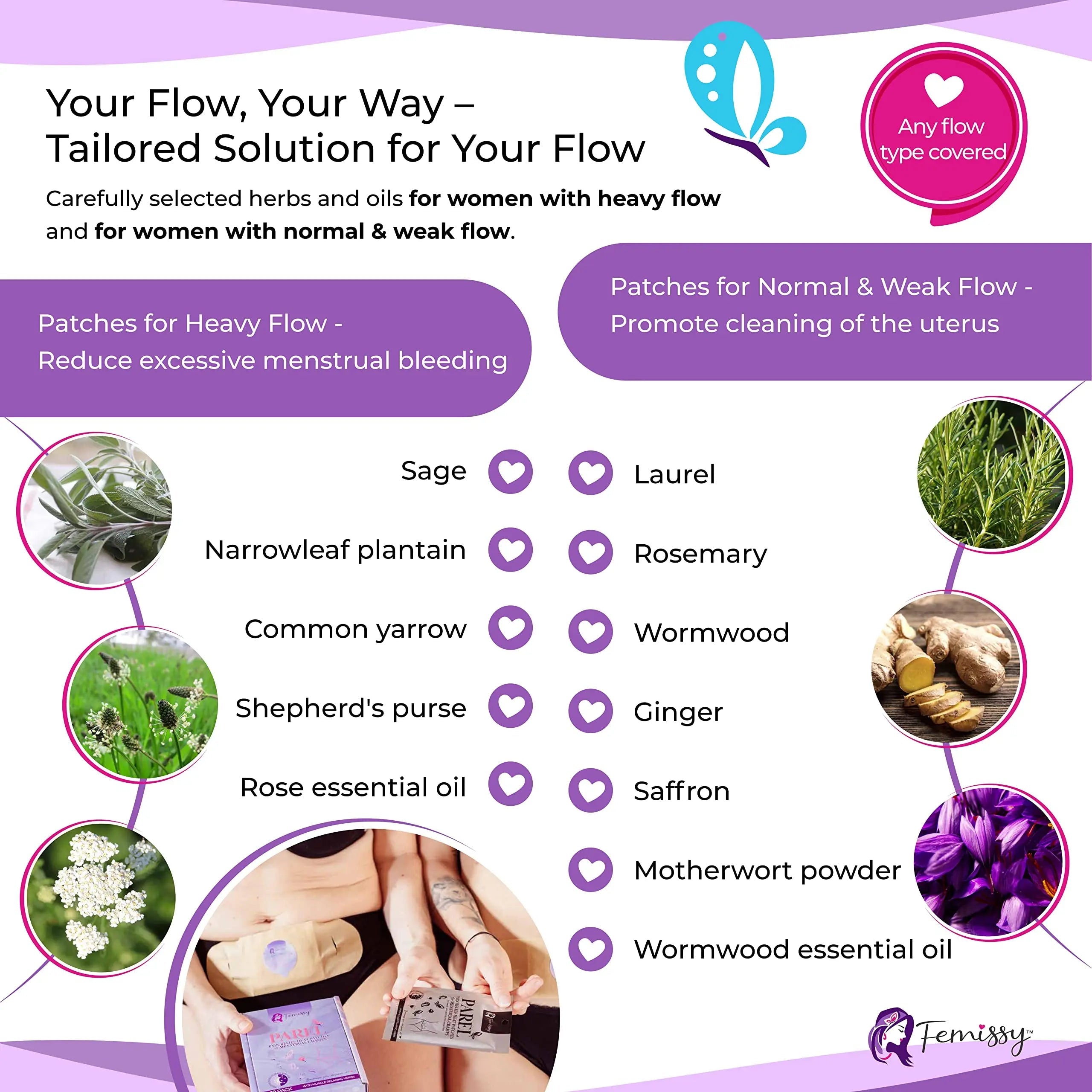 Heat Patches for Menstrual Cramps Based on Flow Strength, 10 Period Patches for Weak & Normal Flow & 1 Single Patch with Natural Herbs & Oils; Disposable Stick On Heating Pads Cramp-Free Period Femissy uk supplements