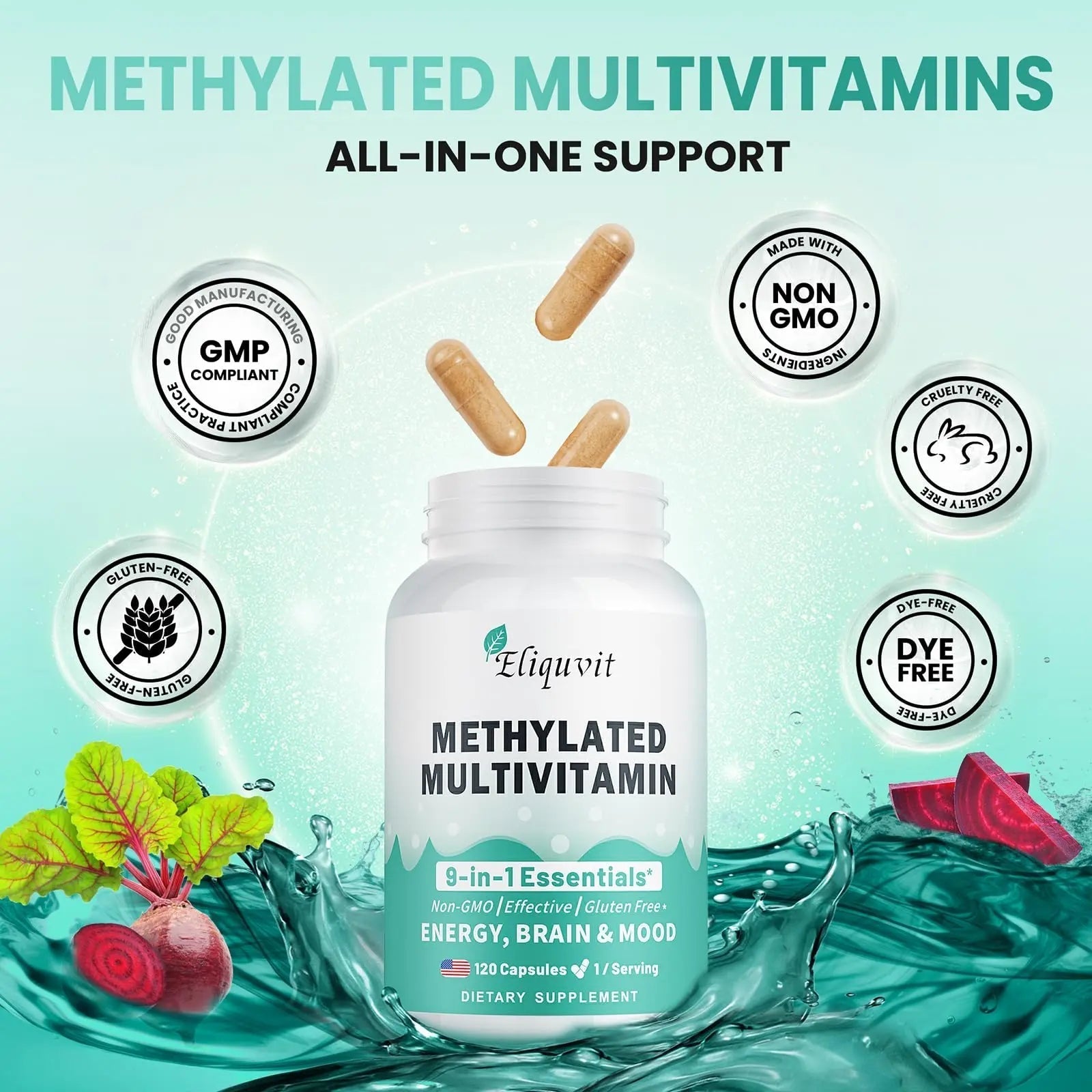 Eliquvit Methylated Multivitamin for Men & Women - Methylated B Complex with Methylfolate & B12-9-in-1 MTHFR Support + TMG - Vegan Multivitamin Eliquvit uk supplements