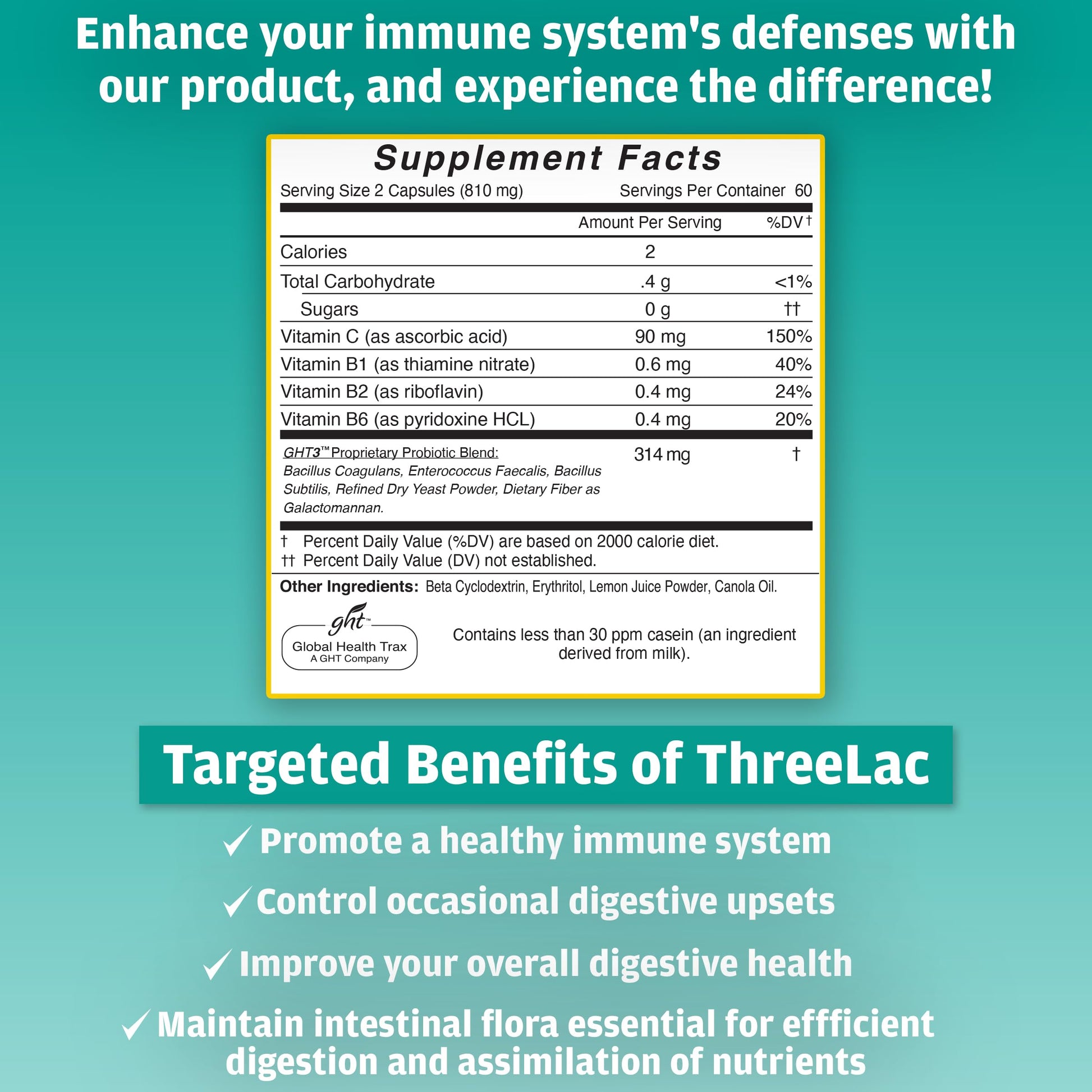 Global Health Trax GHT - ThreeLac Probiotic Capsules, 120 Count - Comprehensive Digestive Support for Men, Women, and Children - Immune System and Gut Balance, Non-GMO ght Global Health Trax uk supplements