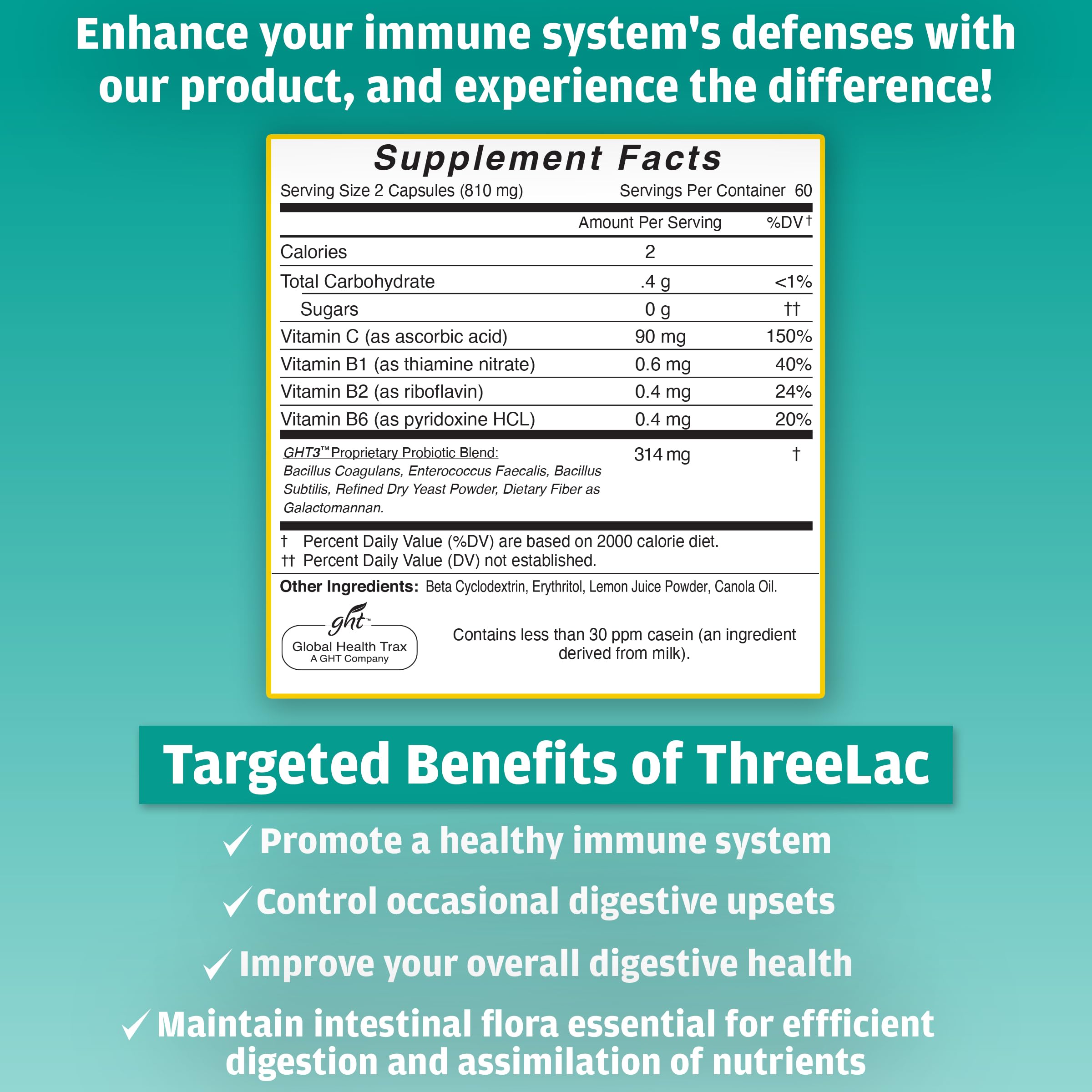 Global Health Trax GHT - ThreeLac Probiotic Capsules, 120 Count - Comprehensive Digestive Support for Men, Women, and Children - Immune System and Gut Balance, Non-GMO ght Global Health Trax uk supplements