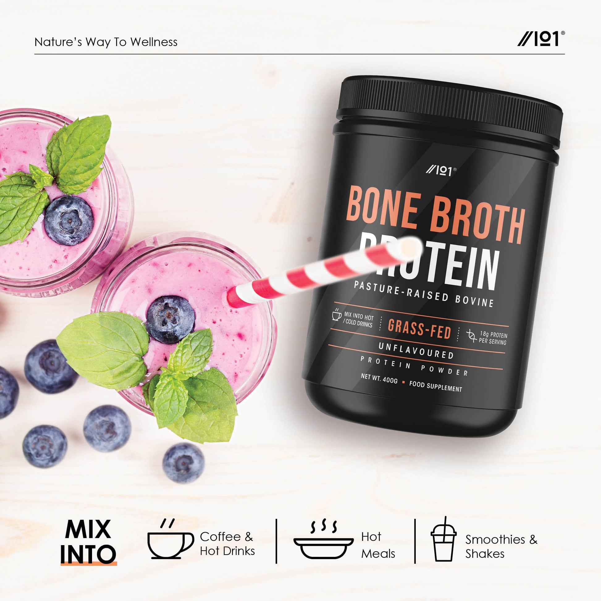 Bone Broth Beef Protein Powder - 400g - Unflavoured - 100% Grass-Fed & Pasture Raised Beef ALPHA01 uk supplements